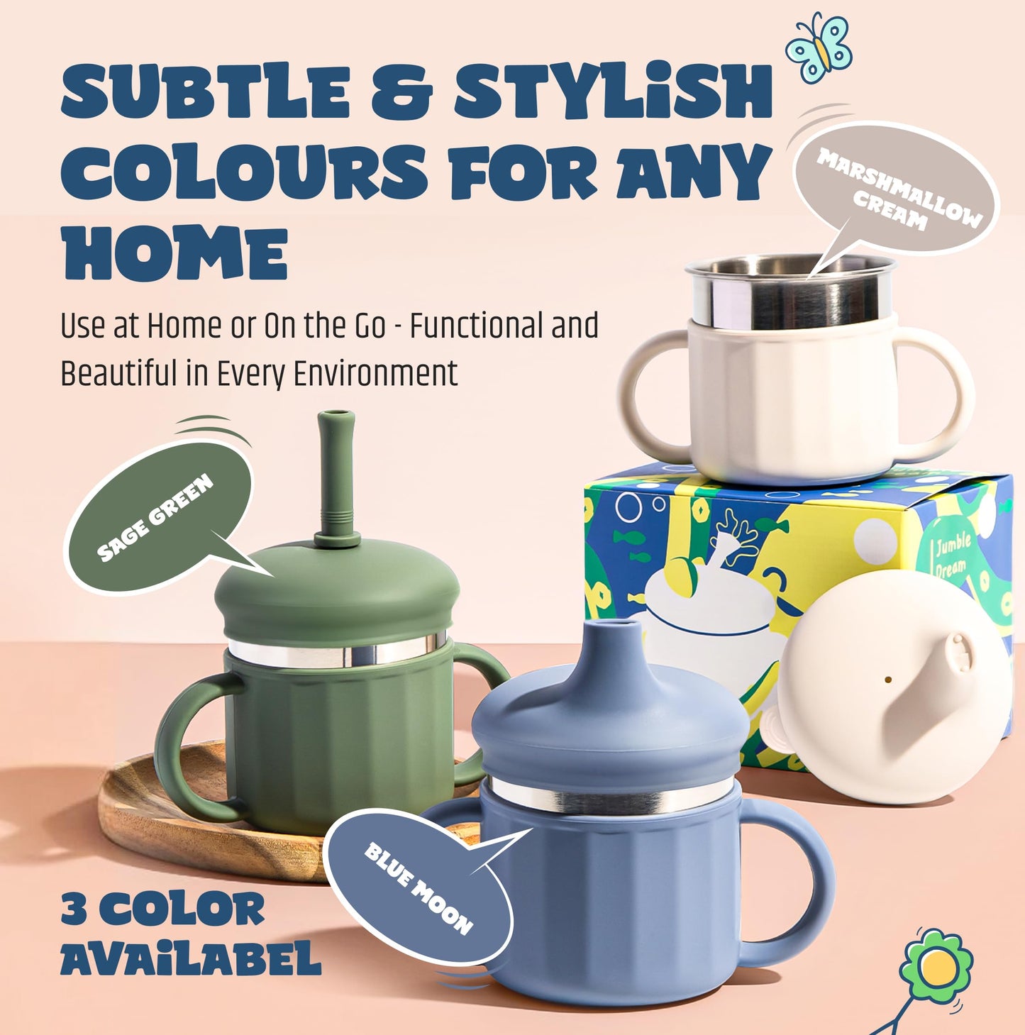 Jumble Dream Vaso para bebé de acero inoxidable y silicona, vaso para bebé, vaso de entrenamiento para niños con pajita de silicona, vaso para niños pequeños con pajita a prueba de derrames | A partir