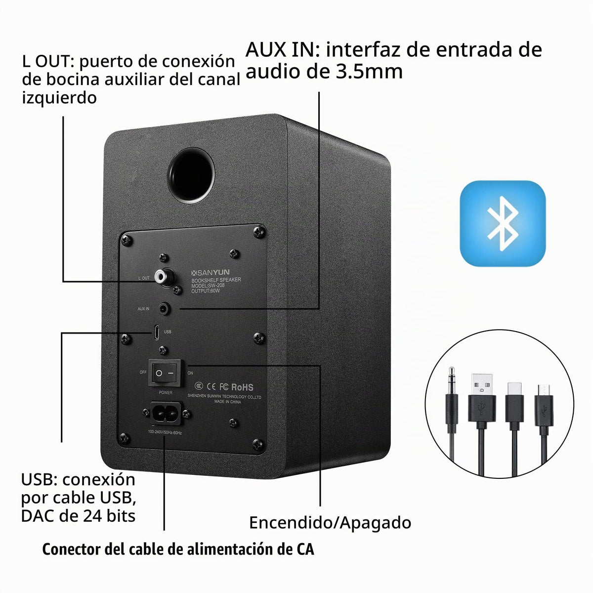 Altavoces de Estantería Sanyun Negro Bluetooth 5.0 con Unidad de Fibra de Carbono para Juegos de Monitor de Computadora