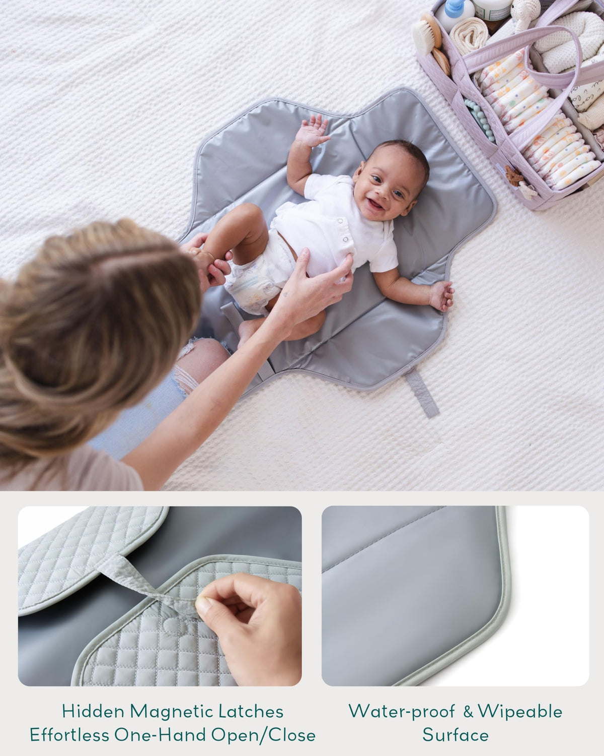 Lily Miles - Cambiador portátil para bebé, cambiador de pañales con cierres magnéticos, almohadilla de viaje para bolsa de pañales, esencial para bebé, tapete lavable e impermeable (gris jaspeado, L)