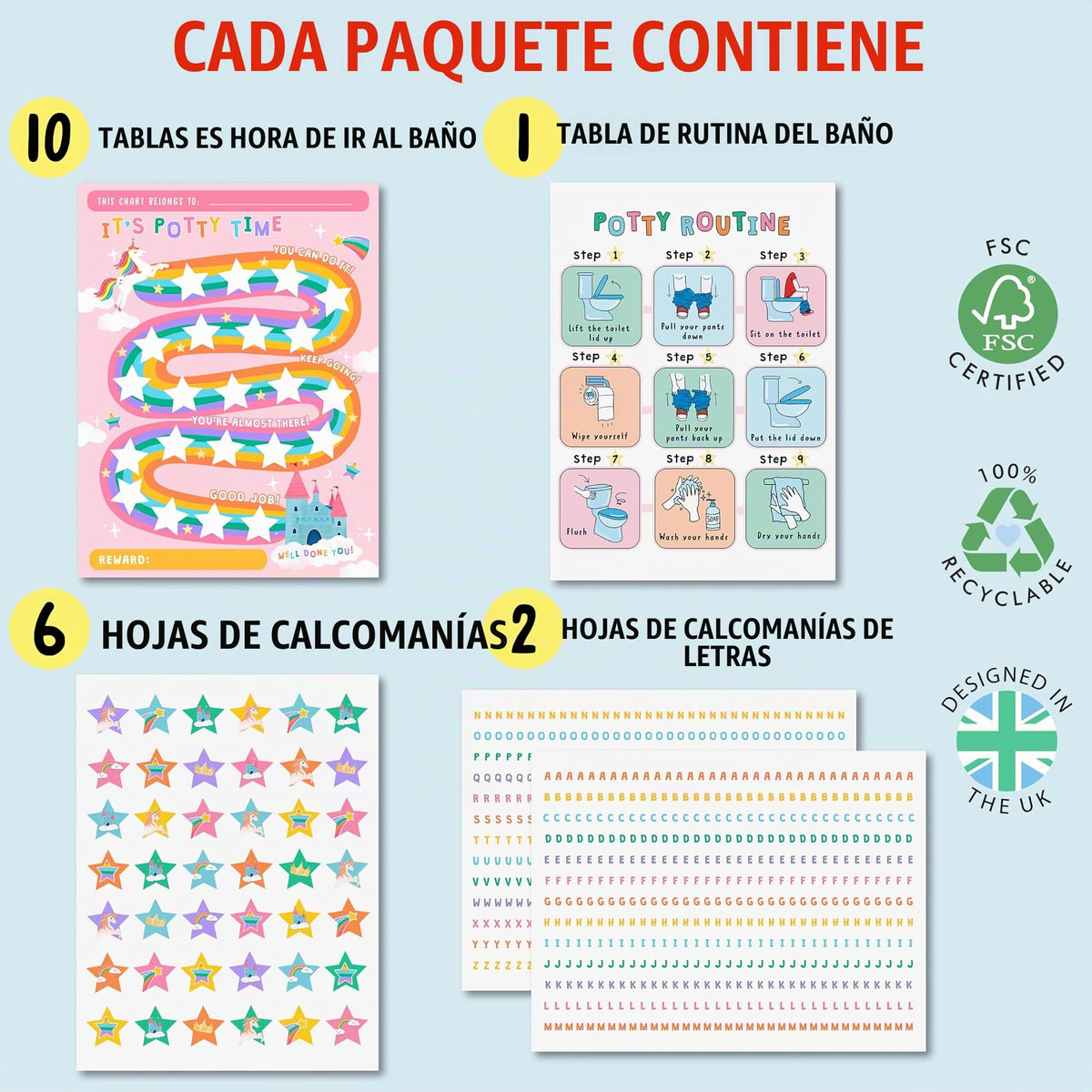 Tabla de recompensas para entrenamiento en el uso del potty para niños - Unicornios y castillos x 10 piezas - Tabla de entrenamiento en el uso del potty para niñas - Calendario de rutina - Tablero de