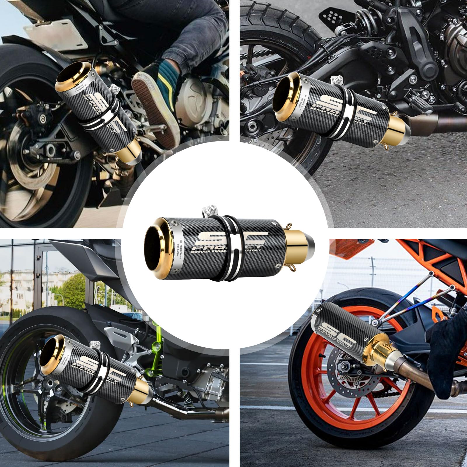 Kayoosi Escape de Moto, Tubos de Silenciador de Escape Universal de 51mm, Tubo de Escape de Acero Inoxidable para Motos, Street Bikes, Dirt Bikes (Fibra de Carbono Dorado)