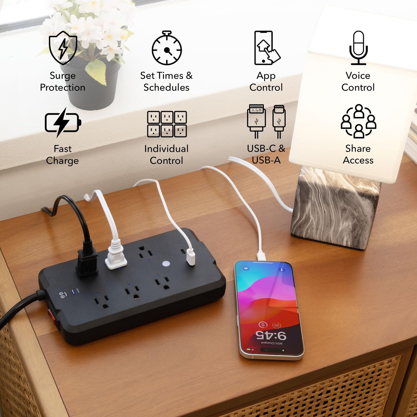 Geeni Surge Smart Power Strip, 6 tomacorrientes con 2 puertos USB, protección contra sobretensiones 12000J, monitoreo de energía, control de voz compatible con Alexa y Google Assistant, control remoto