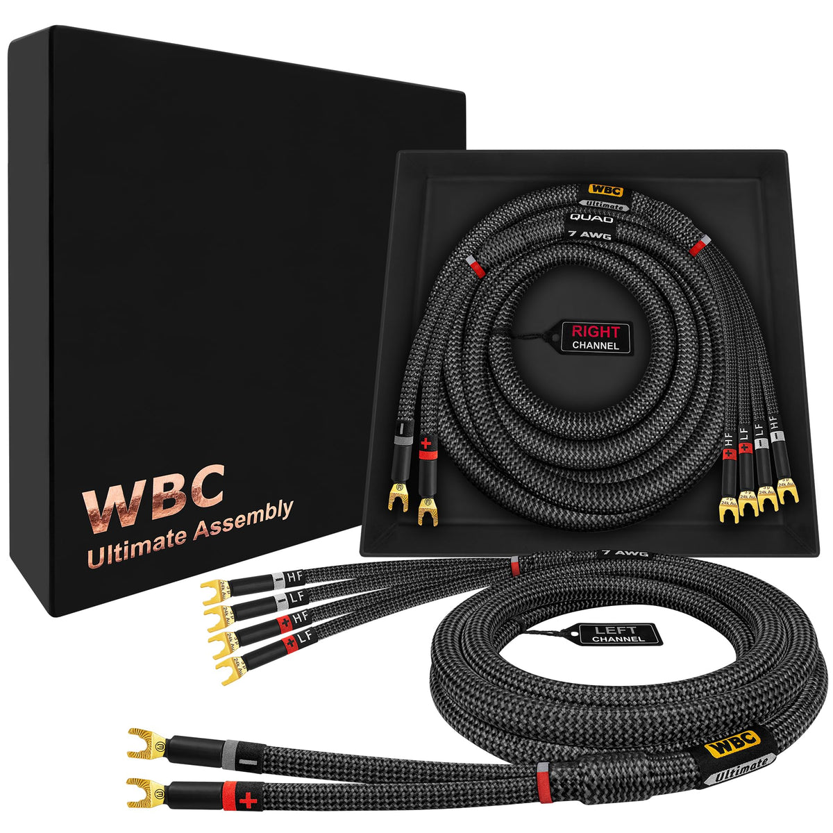 Cable de Altavoz WORLDS BEST CABLES Negro OFC Ultra Puro con Enchufes Eminence Gold Spade y Chamarra de Tweed de Carbono 7 AWG 8 Pies Audiófilo Premium
