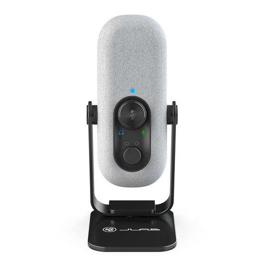 JLab Go Talk Micrófono USB | Blanco | Salida USB-C | Cardioide u omnidireccional | Frecuencia de muestreo de 96 K | Respuesta de frecuencia de 20 Hz - 20 kHz | Control de volumen y silencio rápido | AUX de 3,5 mm | Plug and Play