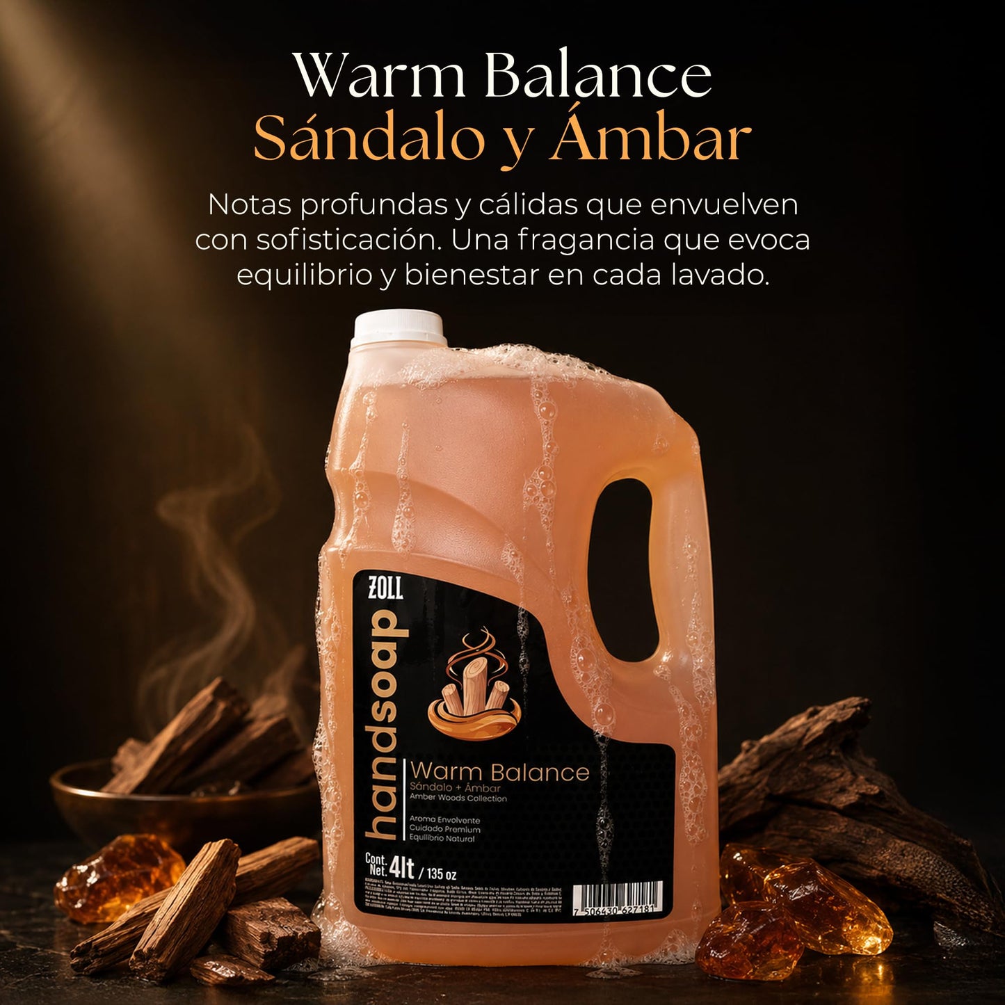 ZOLL Jabón Líquido para Manos - Warm Balance Sándalo y Ámbar - Fragancia Premium Tipo Perfume - Larga Duración - Fórmula Espumante Hidratante - Limpieza Sofisticada para Uso Diario