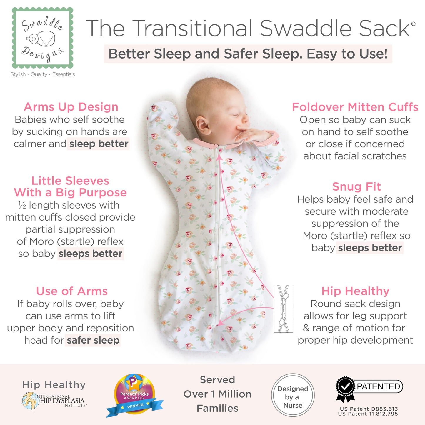 SwaddleDesigns - Saco de Envolver transicional, Mangas de Media Longitud y puños de manopla, para la transición del recién Nacido al Saco de Dormir del bebé, Manta portátil, 0-3 Meses, 6-14 Libras,