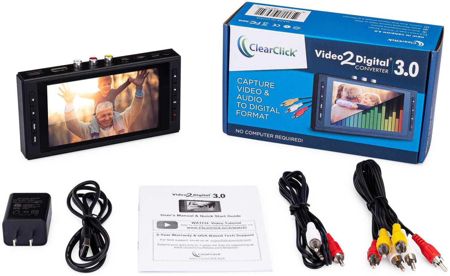 ClearClick - Convertidor de video a digital 3.0 (tercera generación) - Grabar video y audio de VCR, VHS, AV, RCA, Hi8, videocámara, DVD, tocadiscos, cintas de casete [requiere grabadora de videocámara