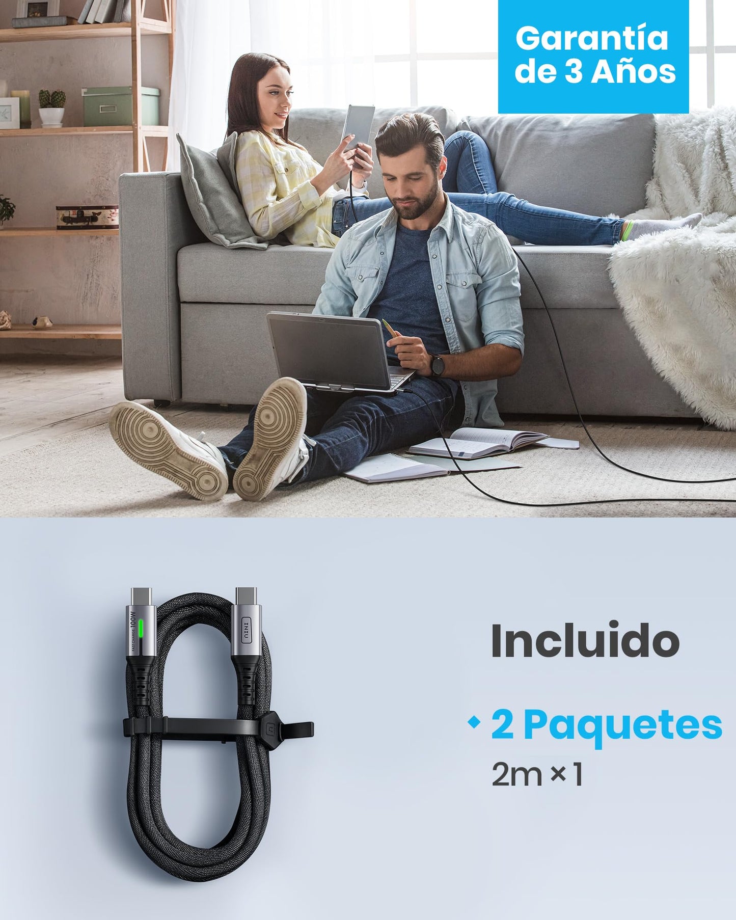INIU Cable USB C a USB C 100W, 2m Cable PD 5A QC 4.0 Carga Rapida, Cargador USB Tipo C Nylon para iPhone 16 15 MacBook Pro 2020 Samsung S23 Ultra S22 iPad Air Google Pixel Switch Steam Deck, ect