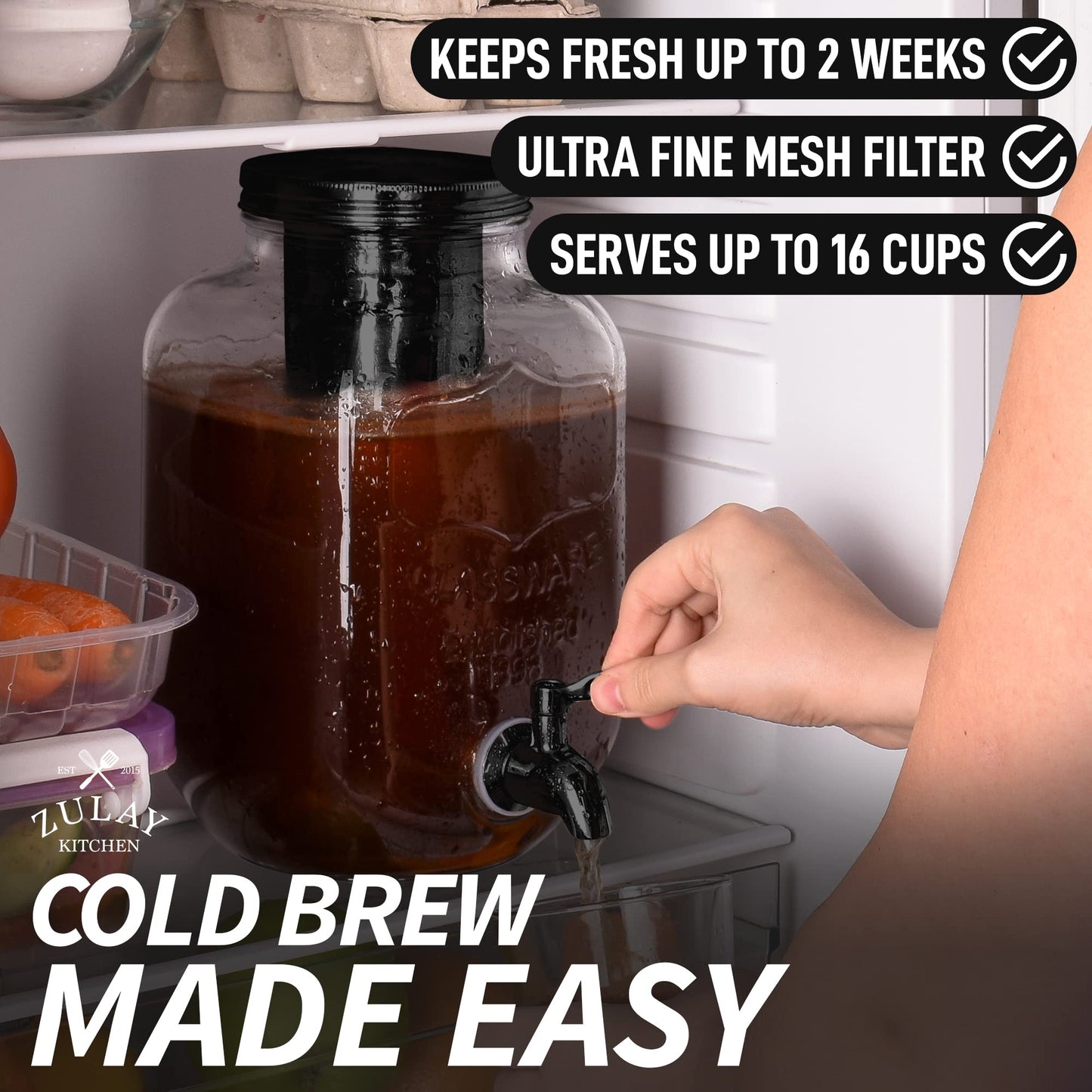 Cafetera de 1 galón con jarra de vidrio extragruesa y filtro de malla de acero inoxidable – Cafetera helada premium, jarra de cerveza fría e infusor de té – por Zulay Kitchen (negro)