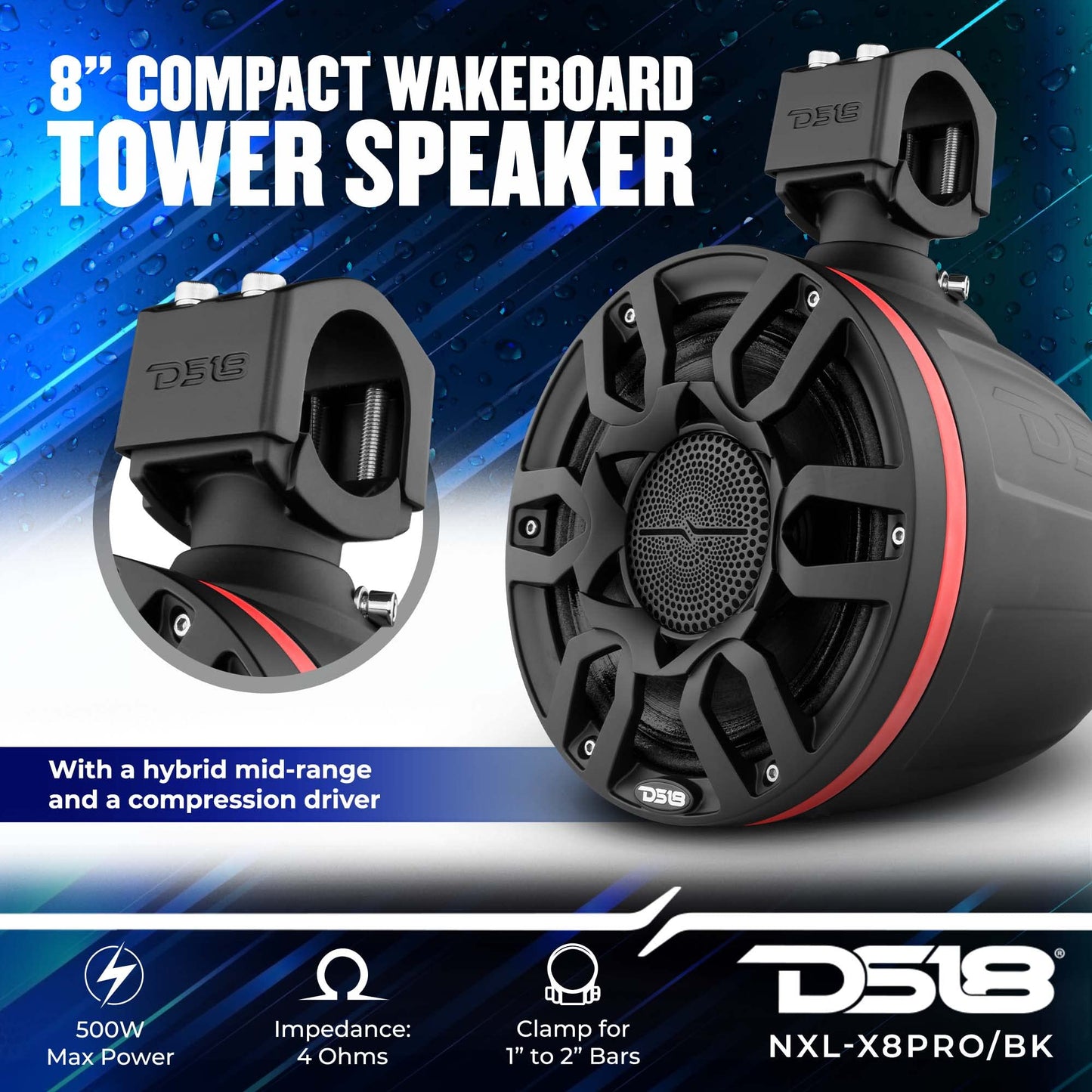 DS18 Hydro NXL-X8PRO/BK Altavoces compactos de torre de Wakeboard de 8 pulgadas con altavoz híbrido de rango medio y driver de compresión, luces LED RGB integradas, 500 vatios, cubierta de altavoz