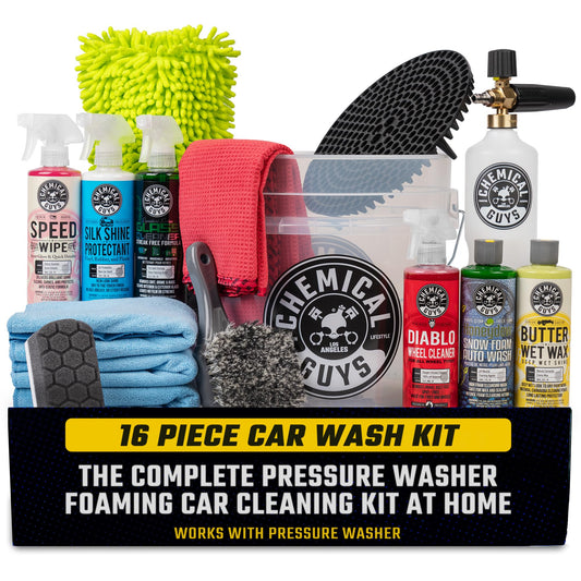 Chemical Guys HOL169 Kit de lavado de autos Arsenal Builder de 16 piezas con cañón de espuma, cubo y (6) productos químicos de limpieza 16 oz (funciona con lavadoras a presión)