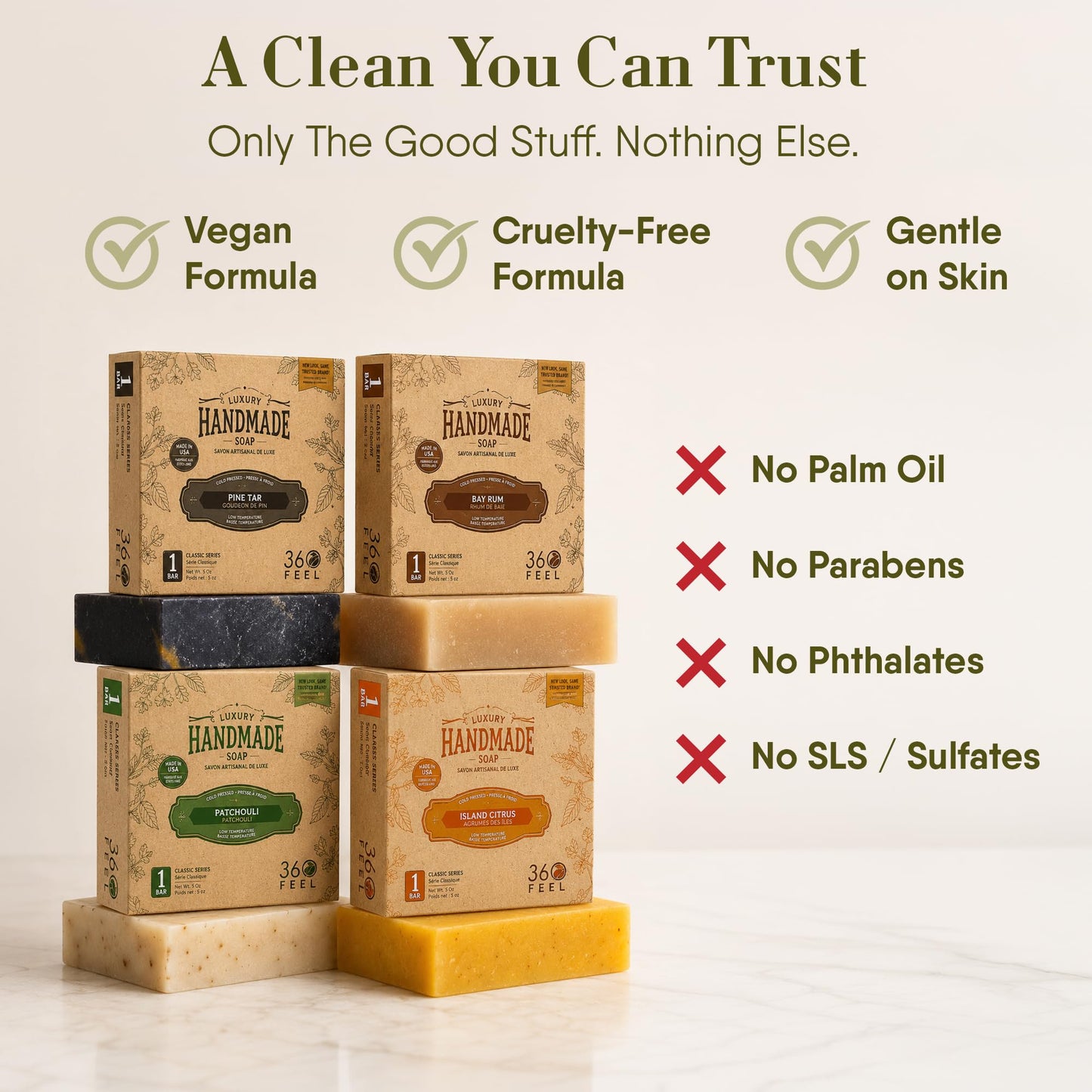360Feel Men's Handmade Natural Soap bar - 4 Large Best Sellers Mens Soap Bar with Masculine fragrance- Bay Rum, Pine Tar, Patchouli, Citrus Soaps- Gift pack- Organic Mens Soap, Castile Mens Bar Soap