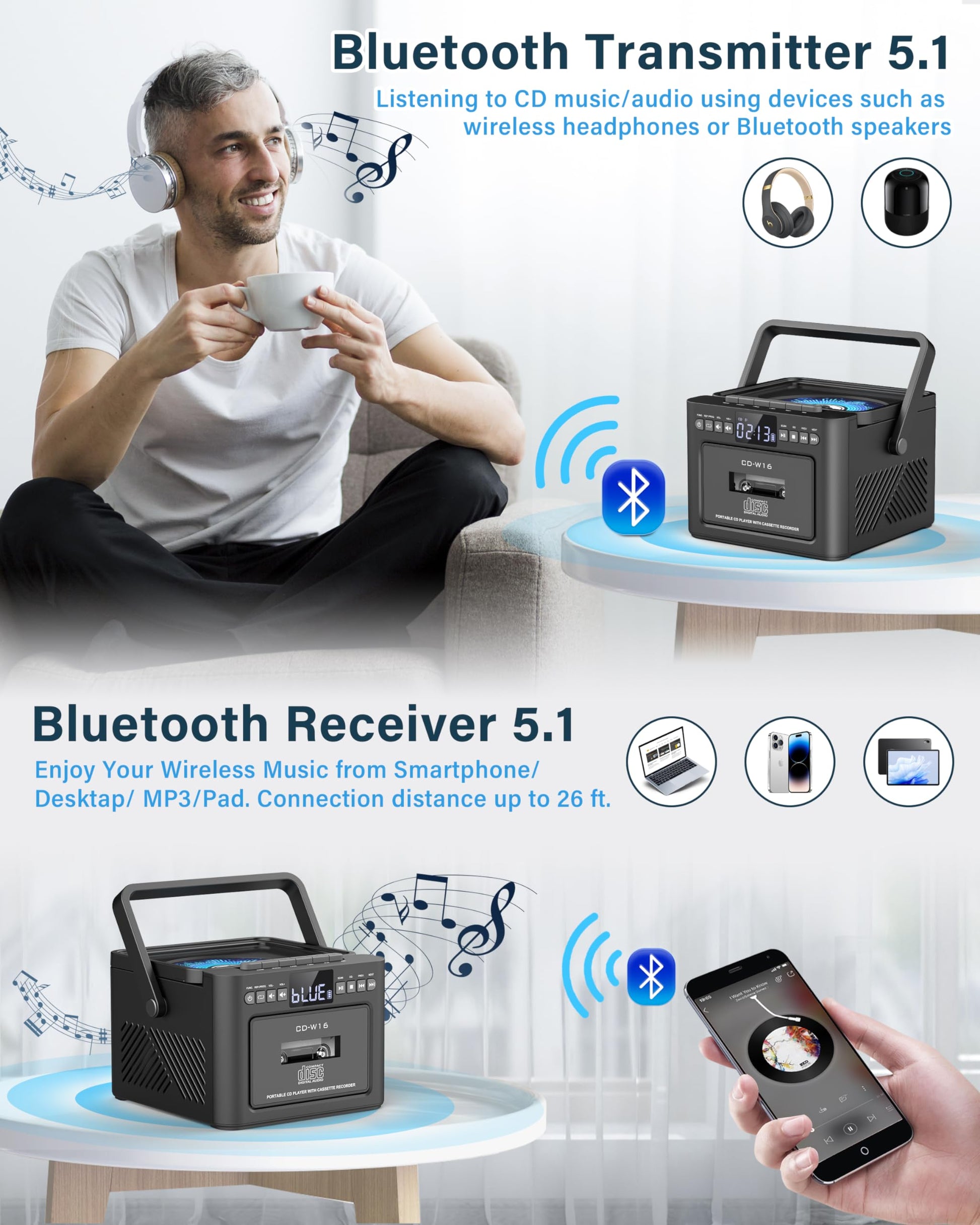 Boombox - Reproductor de CD de casete Bluetooth5.1 con batería de 5000 mAh, altavoces estéreo duales de 5 W, reproductor de CD recargable con radio FM, control remoto, grabación de cinta, conector de