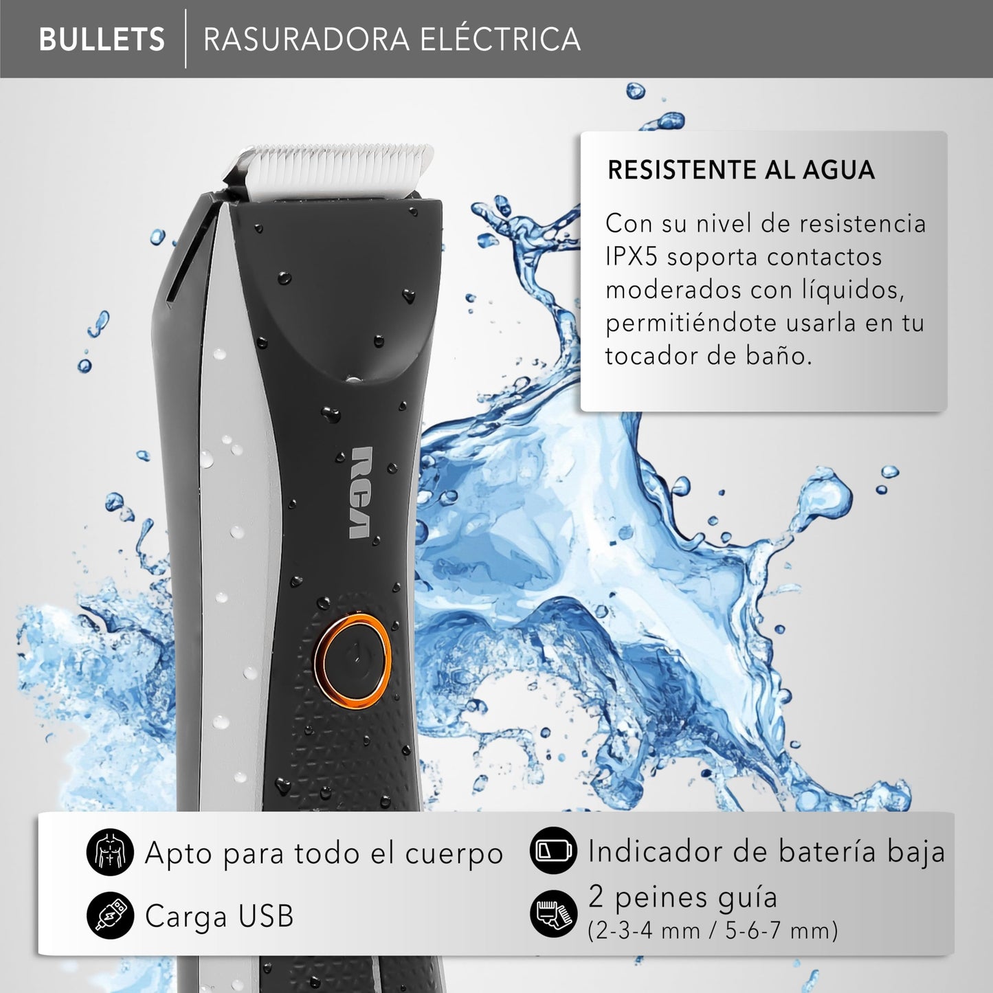RCA Rasuradora Eléctrica RC-TR1 con Cuchillas de Cerámica, Afeitado Suave y Preciso para Barba, Cabello y Cuerpo, Resistente al Agua, Luz LED, 2 Velocidades, Peines 2–7 mm, Carga USB