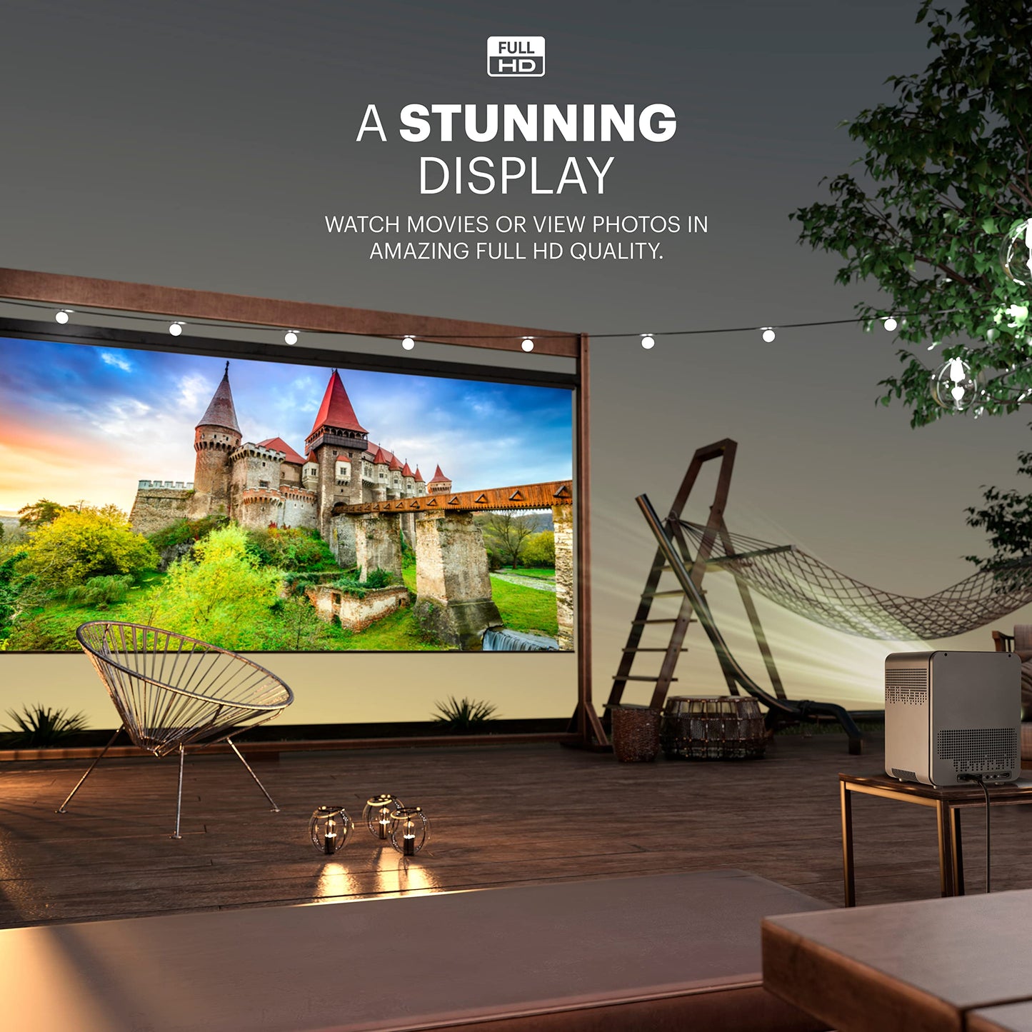 KODAK FLIK HD10 Proyector inteligente | Android TV 1080P FHD Sistema de proyección de video con Google Assistant, Wi-Fi, Bluetooth 5.0, HDMI, USB, Aux y altavoces duales integrados de 5 W | iOS y