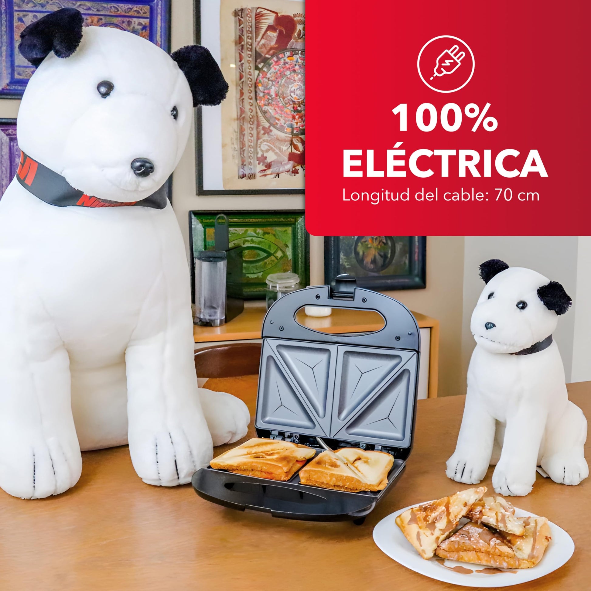 RCA Sandwichera Eléctrica RC-SW1, Placa Antiadherente, Doble Rebanada, Temperatura Ajustable, Luces Indicadoras, Seguro Frontal, Diseño Compacto y Acero Inoxidable, Ideal para Sándwiches y Desayunos