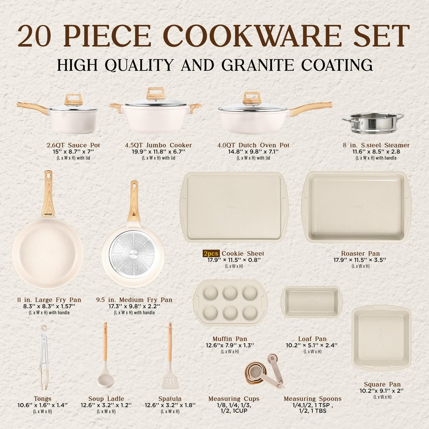 Bakken-Swiss 20-Piece Kitchen Cookware Set – Granite Non-Stick – Eco-Friendly – for All Stoves & Oven-Safe