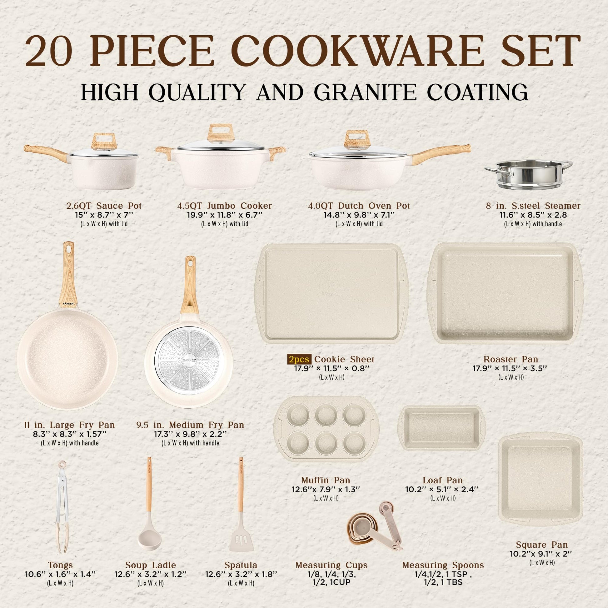 Bakken-Swiss 20-Piece Kitchen Cookware Set – Granite Non-Stick – Eco-Friendly – for All Stoves & Oven-Safe