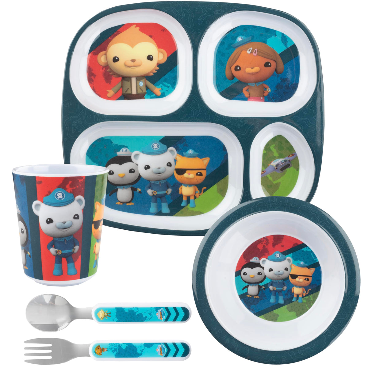 Octonauts - Juego de 5 platos divididos para la hora de la comida para niños y niños pequeños, incluye plato multicompartimento, cuenco, taza, tenedor y cuchara, utensilios duraderos, aptos para