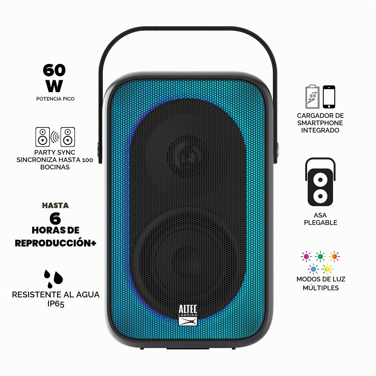 Altavoz Inalámbrico Altec Lansing Negro 60W Bluetooth con Sincronización de Fiesta y Modos LED Multiples