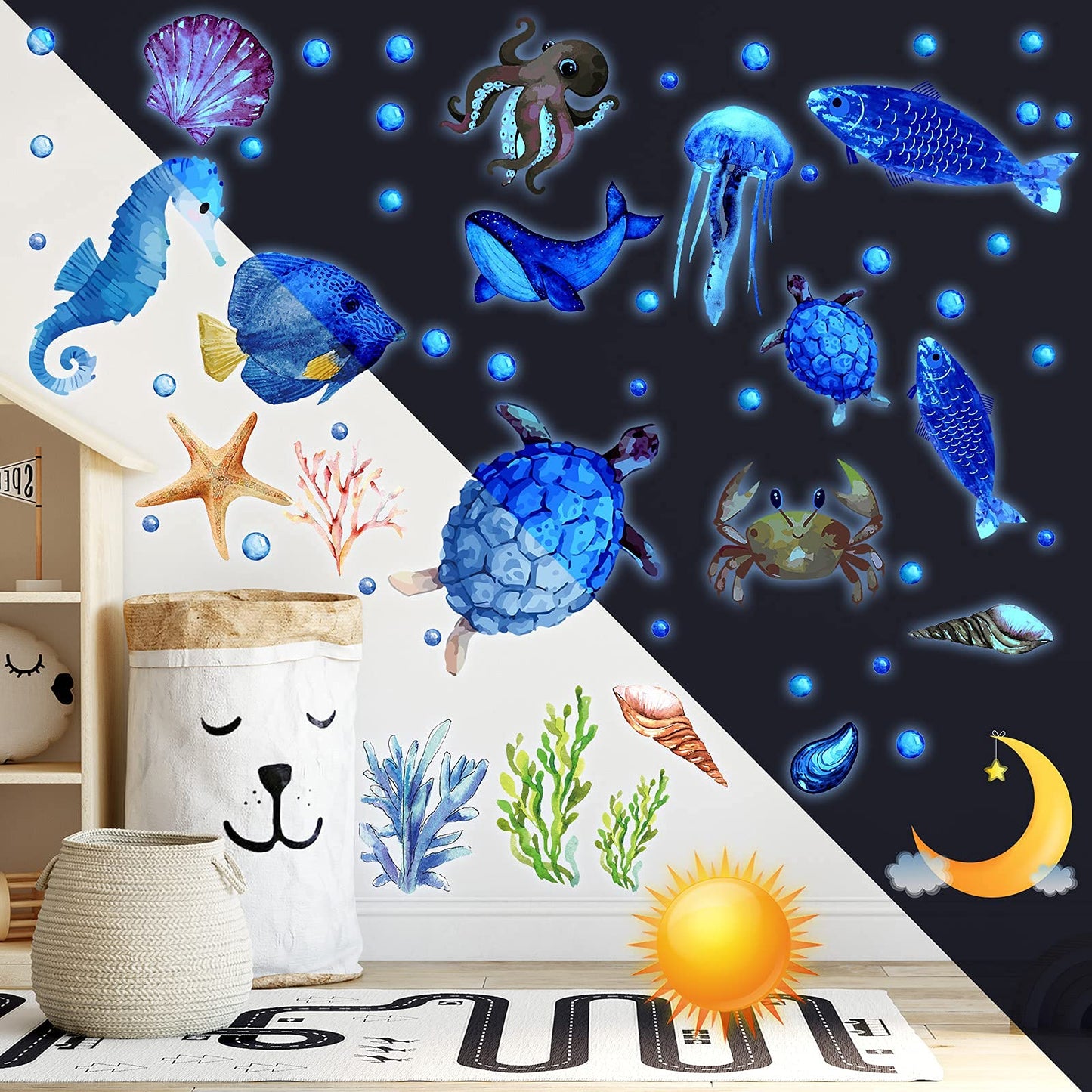 97 piezas Brillan en la oscuridad Mar pared Calcomanía Pegatinas Oceano pared Calcomanías Impermeable Retirable Brillante Pegatina por Niños Cuarto Decoración (Azul)