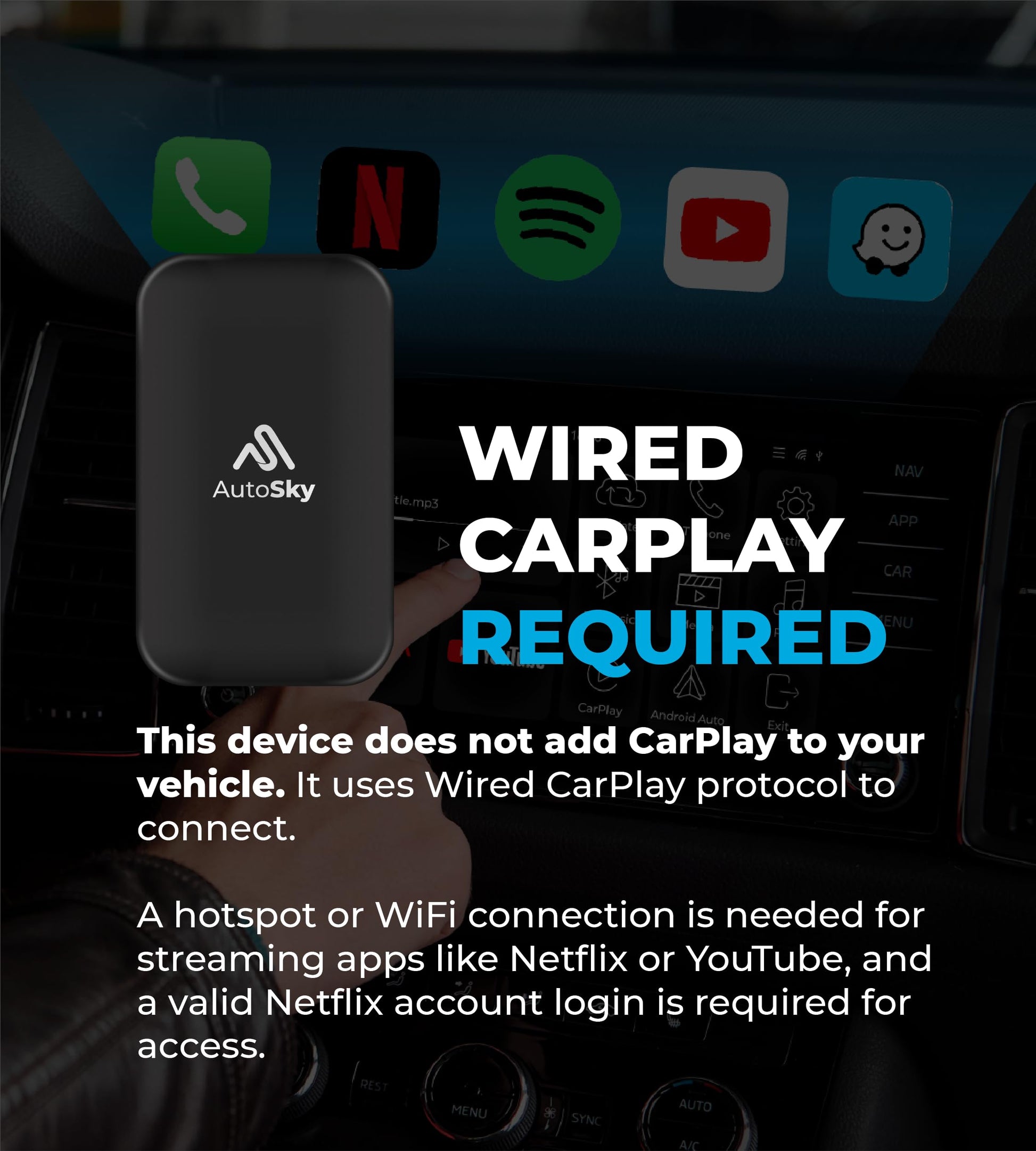 AutoSky Wireless CarPlay y Android Auto AI Box Lite para coches CarPlay con cable de fábrica - Compatible con Netflix y YouTube Must use Hotspot - Go Wireless CarPlay y Android Auto. CarPlay con cable