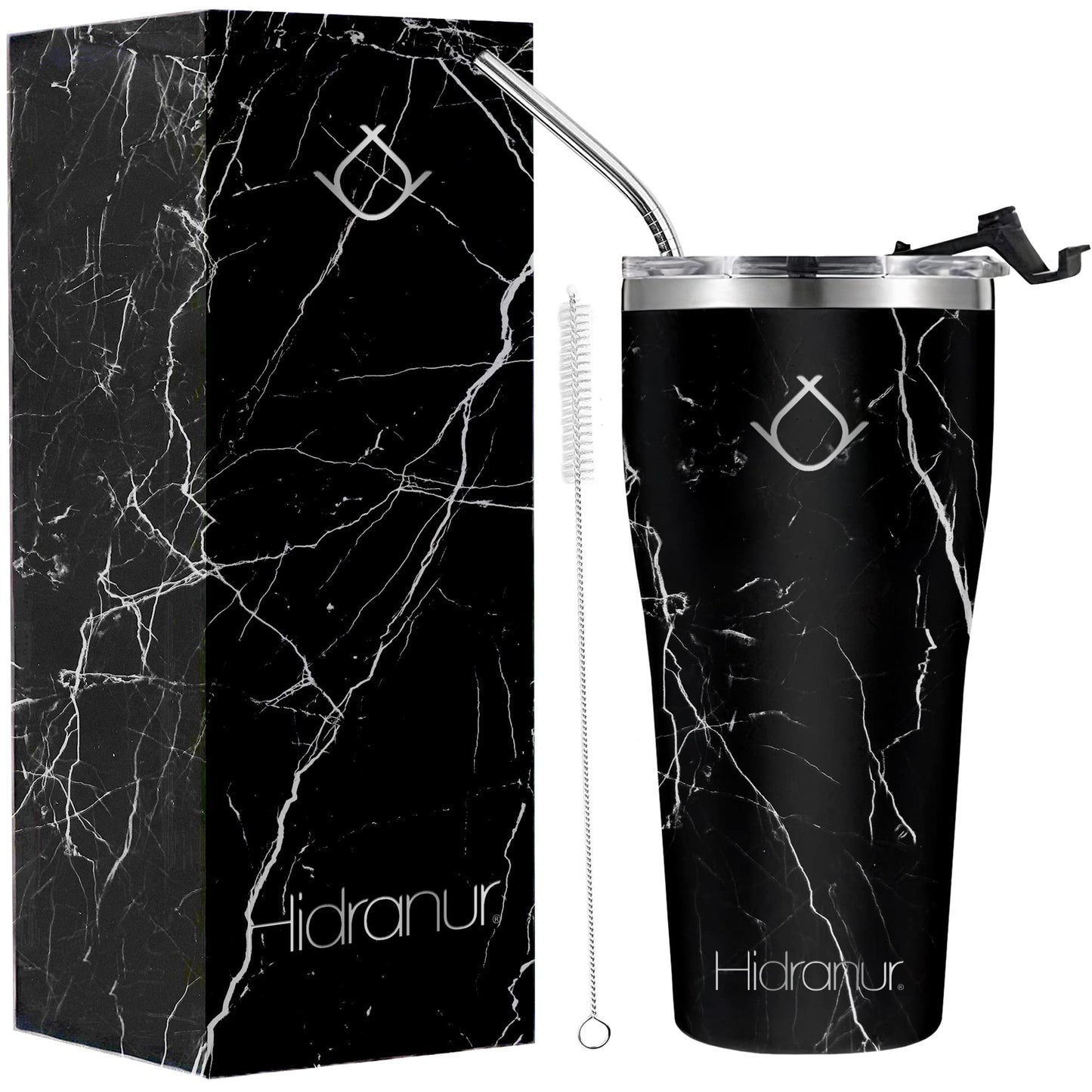 Hidranur Termo de Acero Inoxidable Doble Aislamiento Térmico, 30 Oz (887.206 ml), Termo para Café, Tapa Hermética Antifugas, Popote Incluido (Negro Mármol, 30 Oz (887.206 ml))