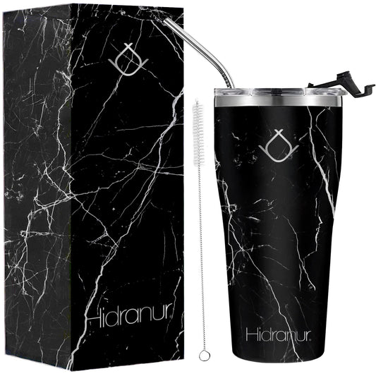 Hidranur Termo de Acero Inoxidable Doble Aislamiento Térmico, 30 Oz (887.206 ml), Termo para Café, Tapa Hermética Antifugas, Popote Incluido (Negro Mármol, 30 Oz (887.206 ml))