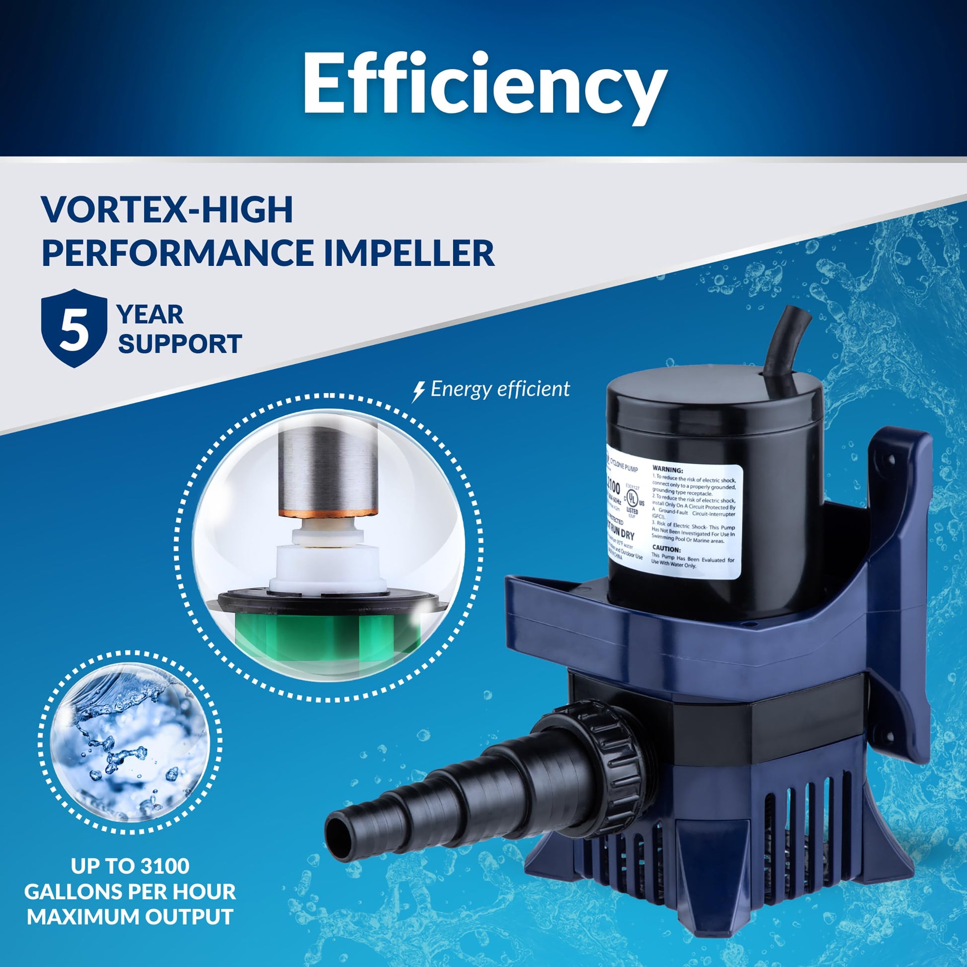 Bomba de Agua Sumergible Alpine Corporation 3100 GPH con Cable Largo y Adaptadores para Estanques y Fuentes
