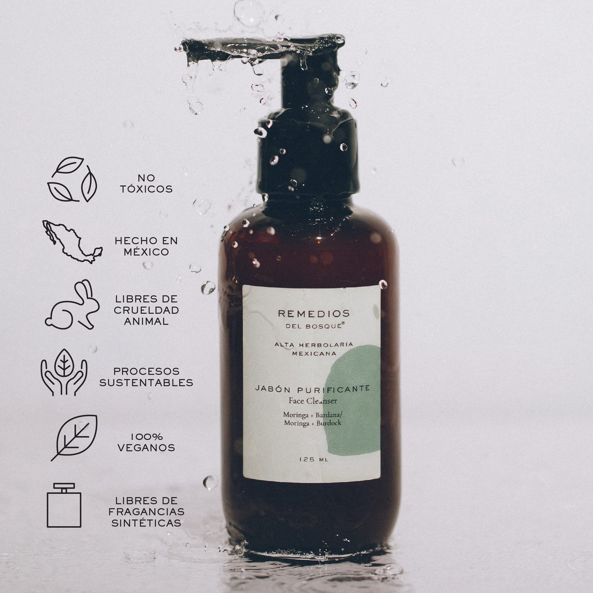 Remedios del Bosque Jabón Purificante para Cara con Moringa y Bardana, Jabón Líquido Antioxidante no Reseca, para Piel sensible, madura, mixta y seca, 125 Mililitros