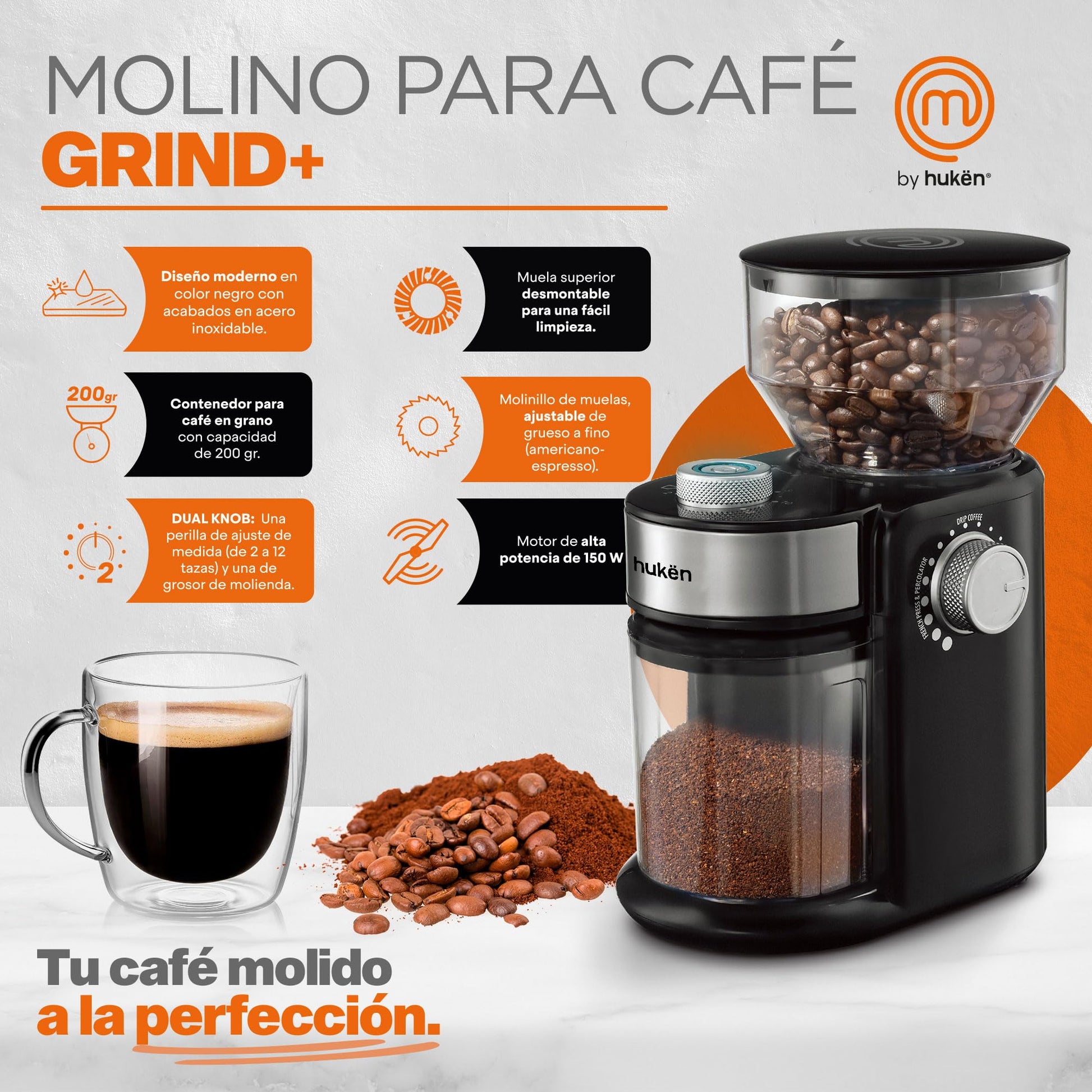 Molino Eléctrico de Café MasterChef Acero Inoxidable molido Perfecto 150 W
