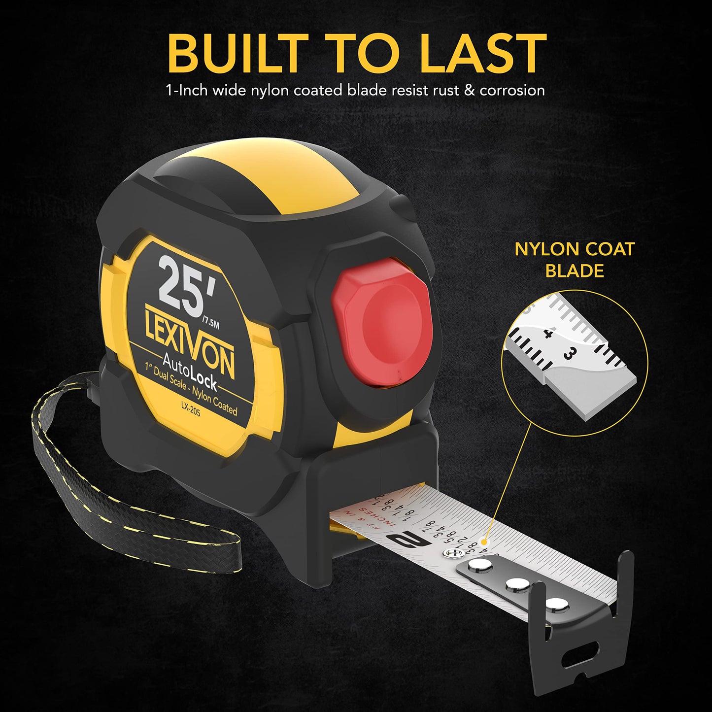 LEXIVON Cinta métrica AutoLock de 25 pies / 7.5 m | Hoja de 1 pulgada de ancho con revestimiento de nailon, acabado mate, impresión de regla de doble cara blanca y amarilla | Pies/Fracciones/métrico (LX-205)