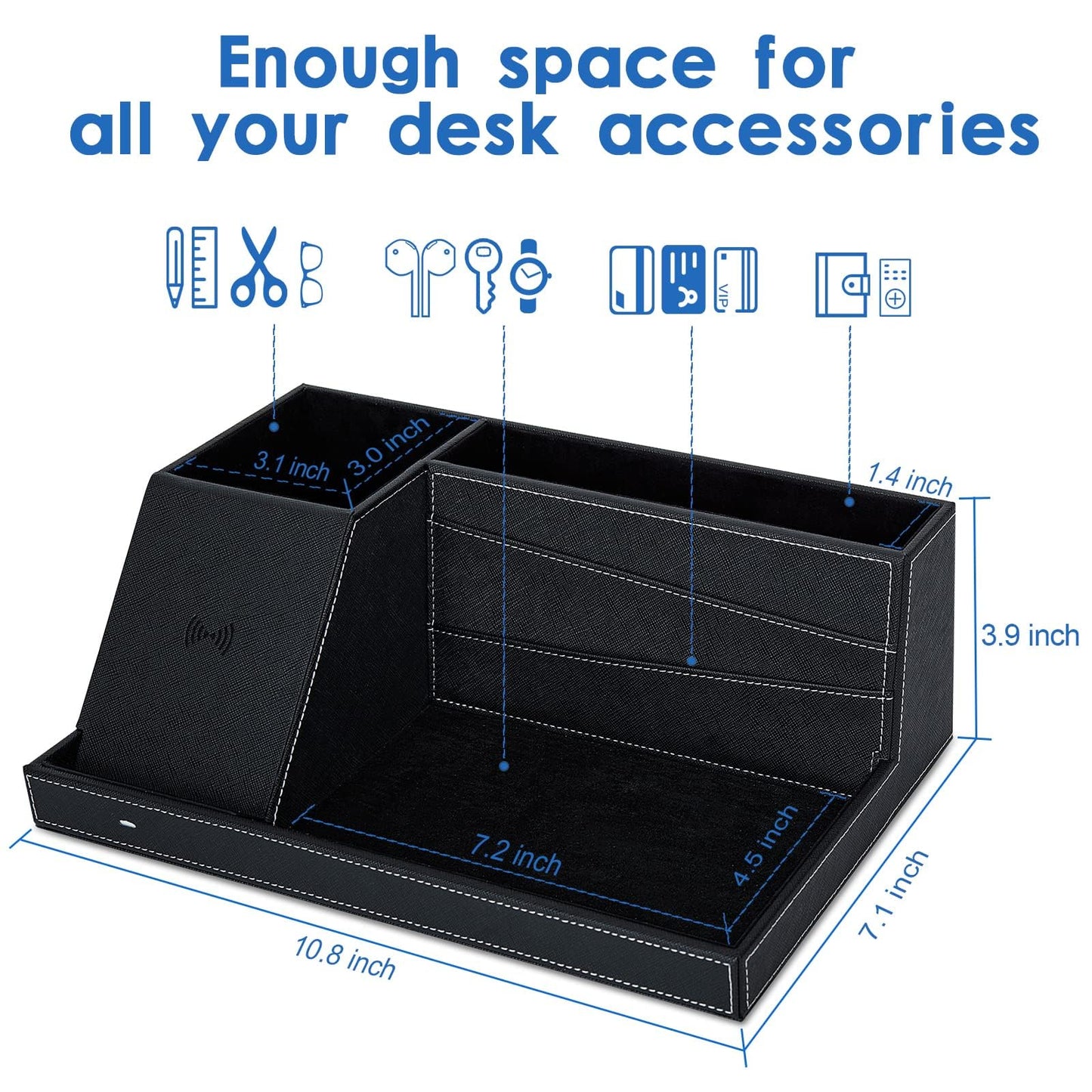 TopMade - Organizador de mesa de noche con cargador inalámbrico, soporte para bolígrafos de piel, suministros de oficina, accesorios de computadora, estación de carga rápida, soporte de control remoto