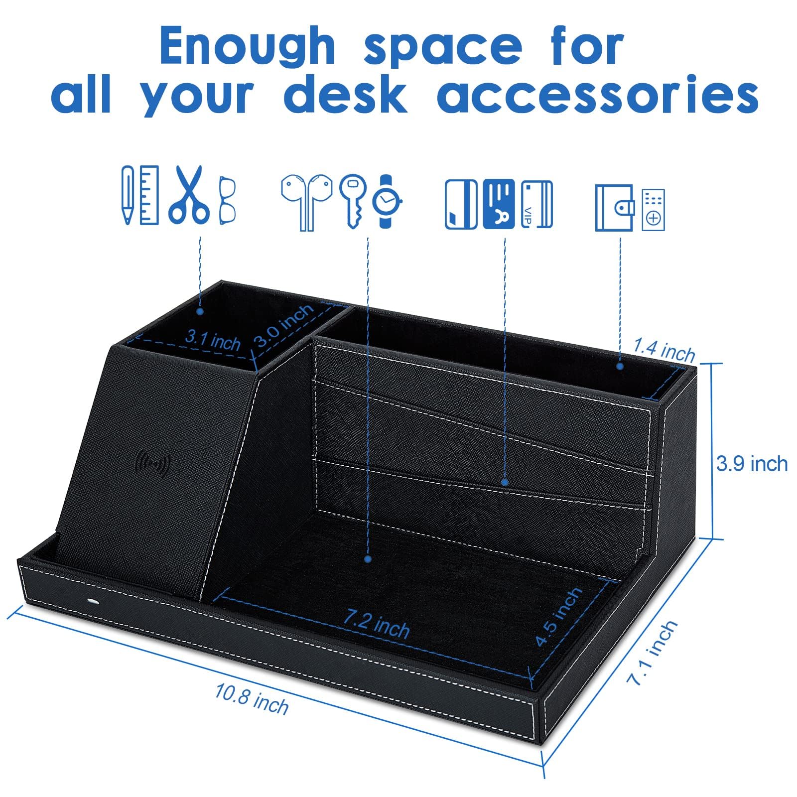 TopMade - Organizador de mesa de noche con cargador inalámbrico, soporte para bolígrafos de piel, suministros de oficina, accesorios de computadora, estación de carga rápida, soporte de control remoto