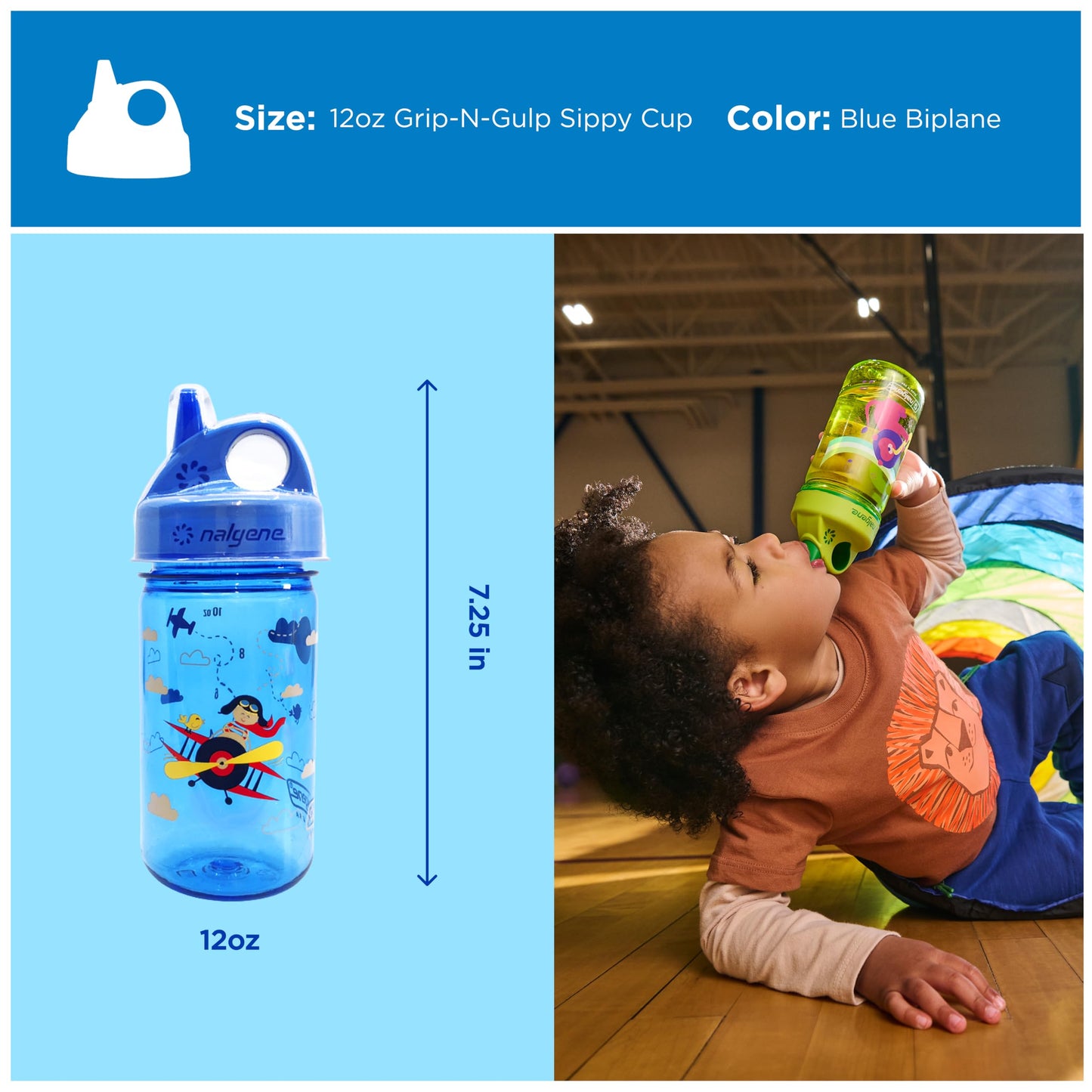 Nalgene Kids Sustain Grip-N-Gulp - Botellas de agua hechas con material derivado de 50% residuos de plástico (utilizando equilibrio de masa certificado ISCC), taza para sorber a prueba de fugas,