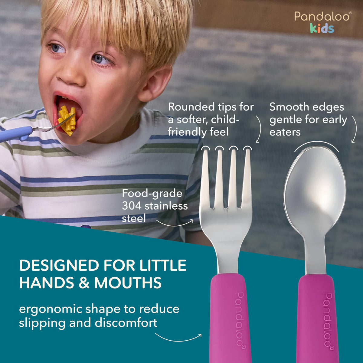 Pandaloo Cubiertos para niños con mango de silicona suave | Juego de tenedor y cuchara para niños pequeños (6 piezas) | Utensilios para niños pequeños | Silicona de grado alimenticio + acero inoxidabl