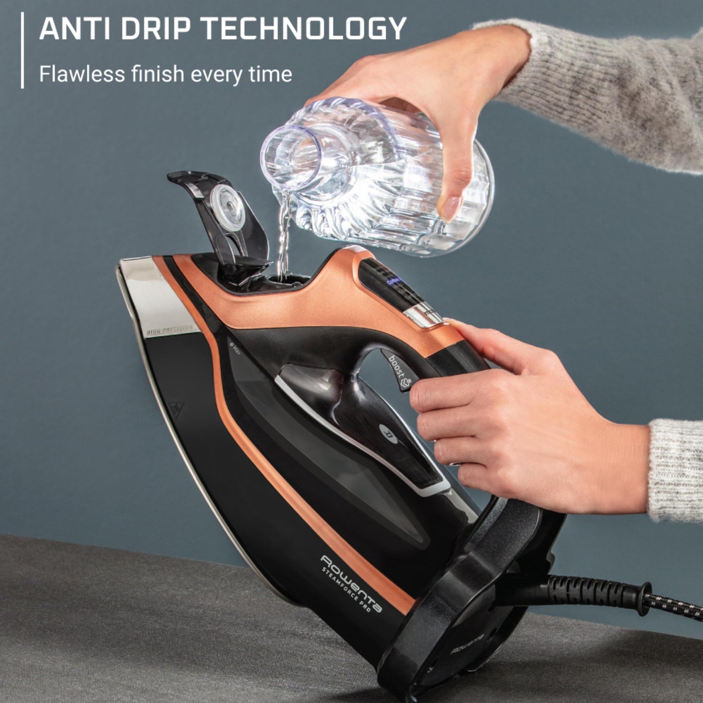 Rowenta Iron - Plancha de vapor Steam Force Pro para ropa, 1850 vatios, 5 presintonías de visualización inteligente, suela de acero inoxidable, planchado de mano de alta eficiencia, cobre negro,