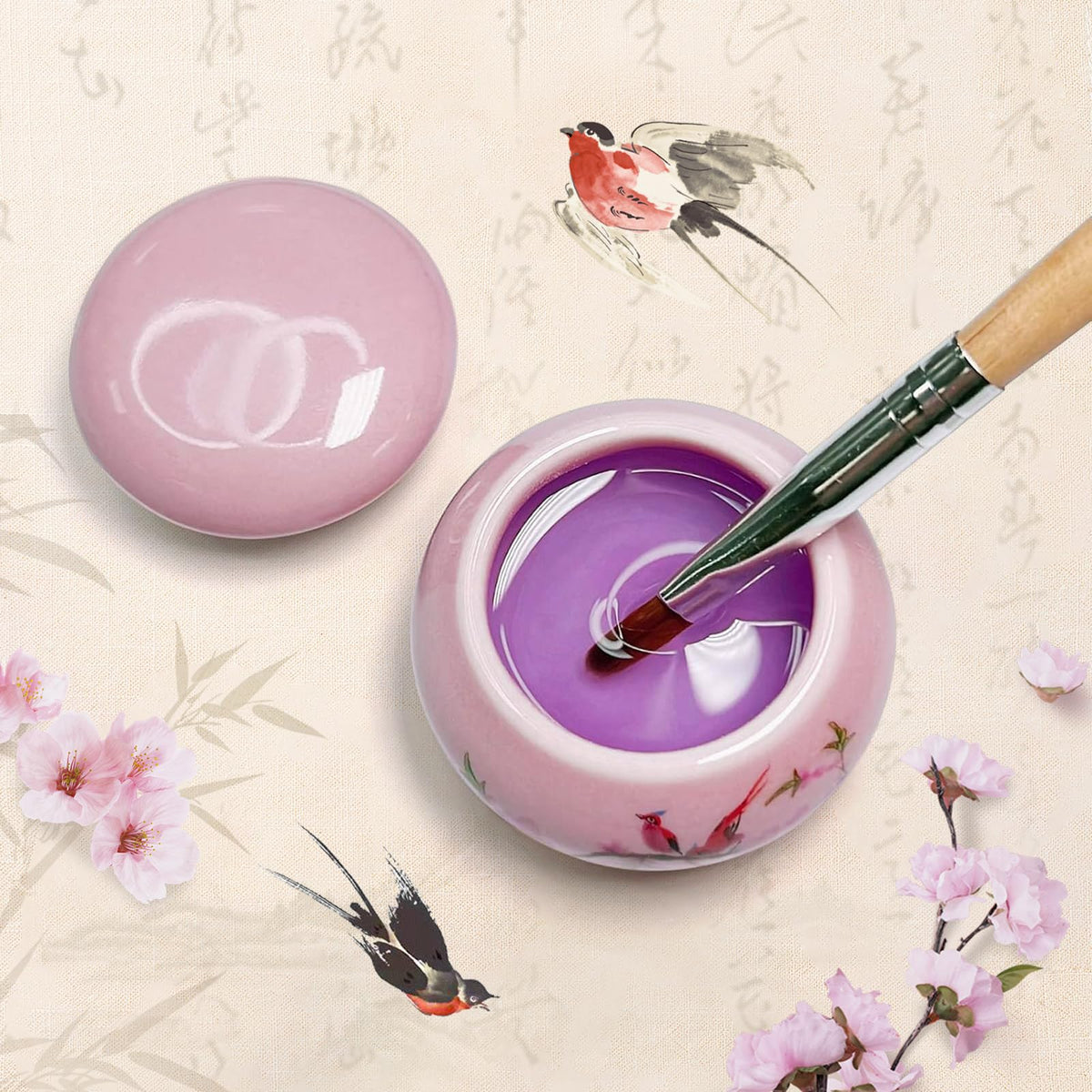 Plato de Porcelana YSHJB008 Rosa con Tapa para Acrílico Líquido de Uñas