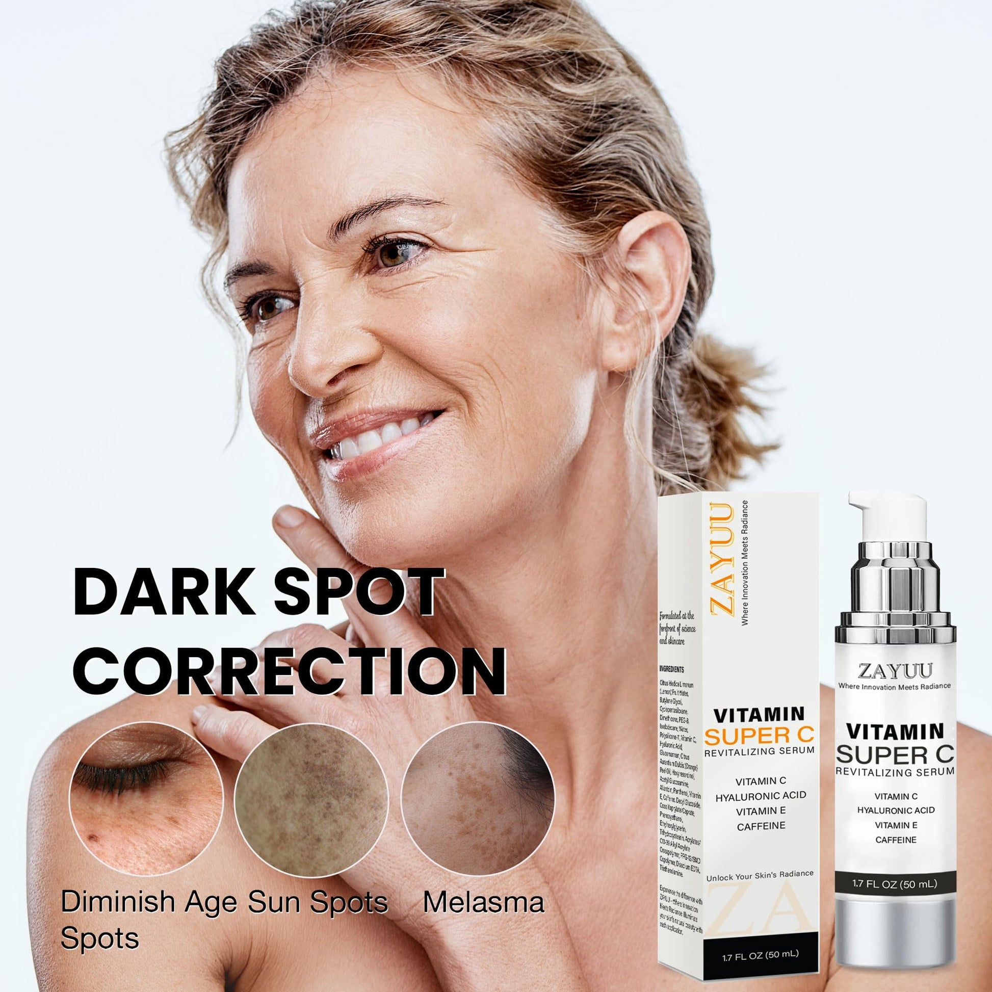 Suero facial con súper vitamina C para pieles maduras: fórmula hidratante antienvejecimiento todo en uno con vitamina C, ácido hialurónico, vitamina E y cafeína, suero reafirmante facial para