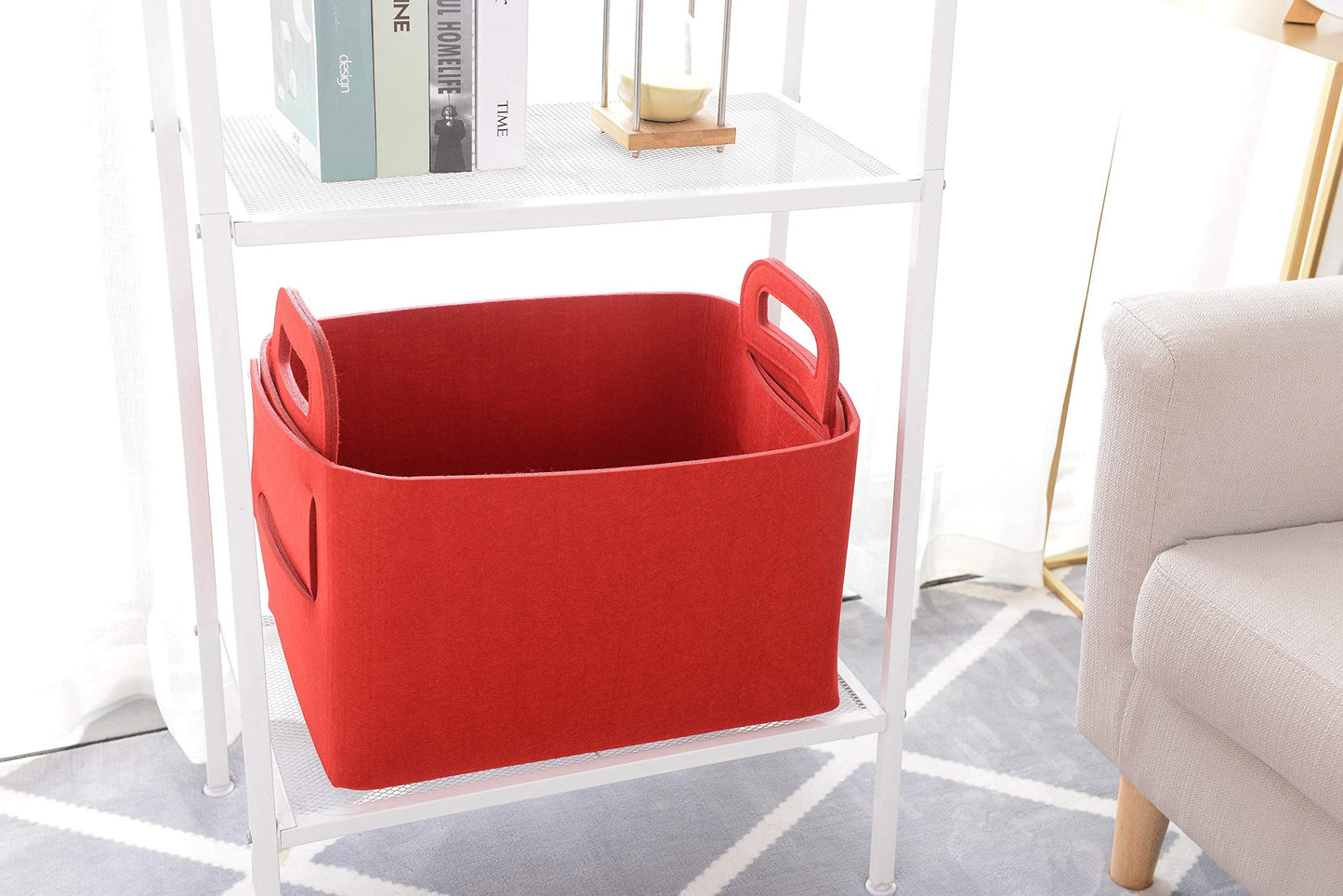 Minoisome - Cesta de almacenamiento de fieltro plegable y conveniente organizador de caja con asas de transporte para oficina, recámara, clóset, bebés, guardería, juguetes de lavandería (rojo, 18