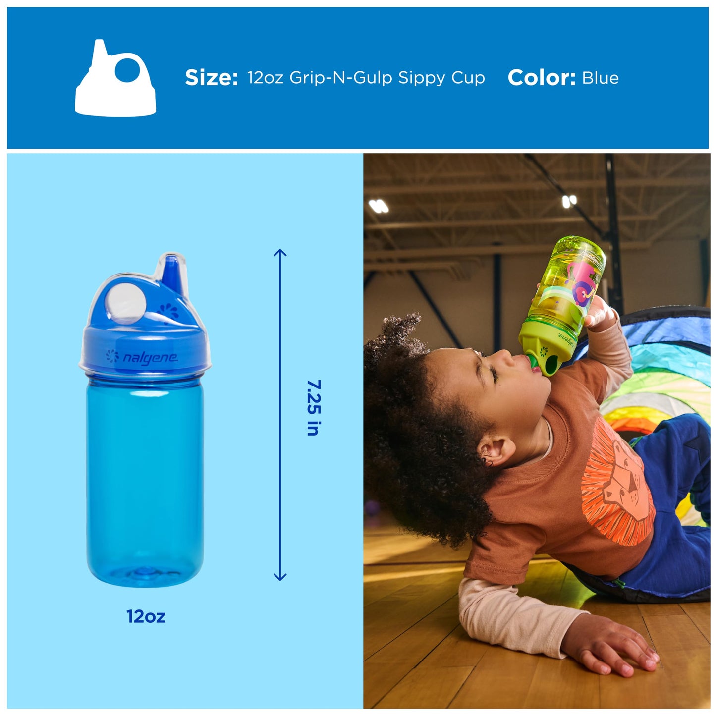 Nalgene Kids Sustain Grip-N-Gulp - Botellas de agua hechas con material derivado de 50% residuos de plástico (utilizando equilibrio de masa certificado ISCC), taza para sorber a prueba de fugas,