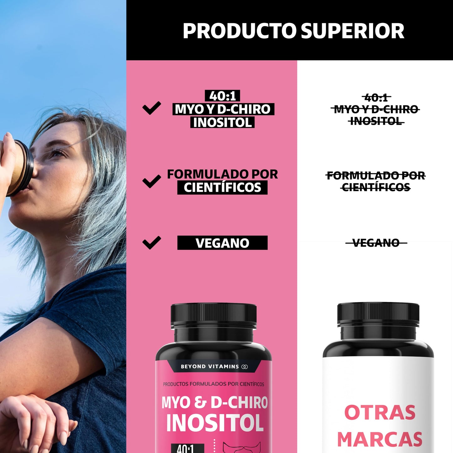 Inositol 40:1 | Myo y D-Chiro Inositol Puro | 180 cápsulas | Vitaminas para mujer | Suplemento Alimenticio Beyond Vitamins | Vegano | 180 caps