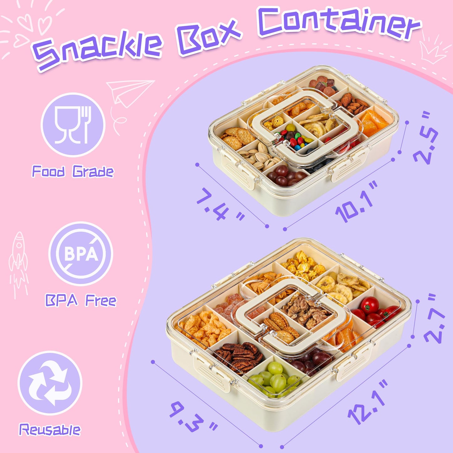 Xyptorix - Contenedor de caja de aperitivos para niños, 12 compartimentos ajustables con tapa y asa, apto para lavaplatos, sin BPA, almacenamiento portátil de alimentos para la escuela, viajes, parque