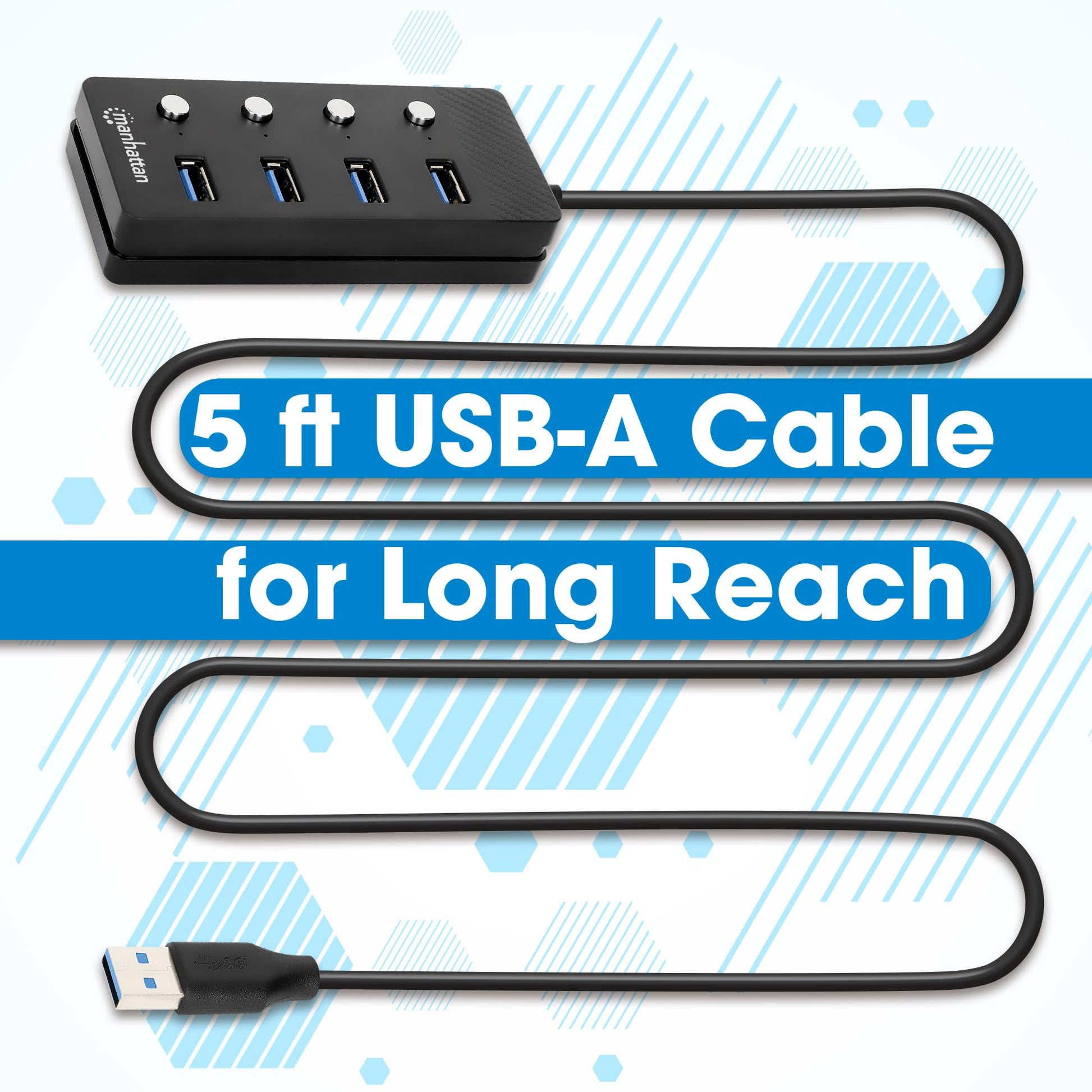 Manhattan Hub USB 180887 de 4 Puertos USB 3.2 con Interruptores de Encendido y Apagado por Puerto, SuperVelocidad de 5 Gbps, Cable Integrado de 1.5 m, Alimentación por Bus o CA, Negro