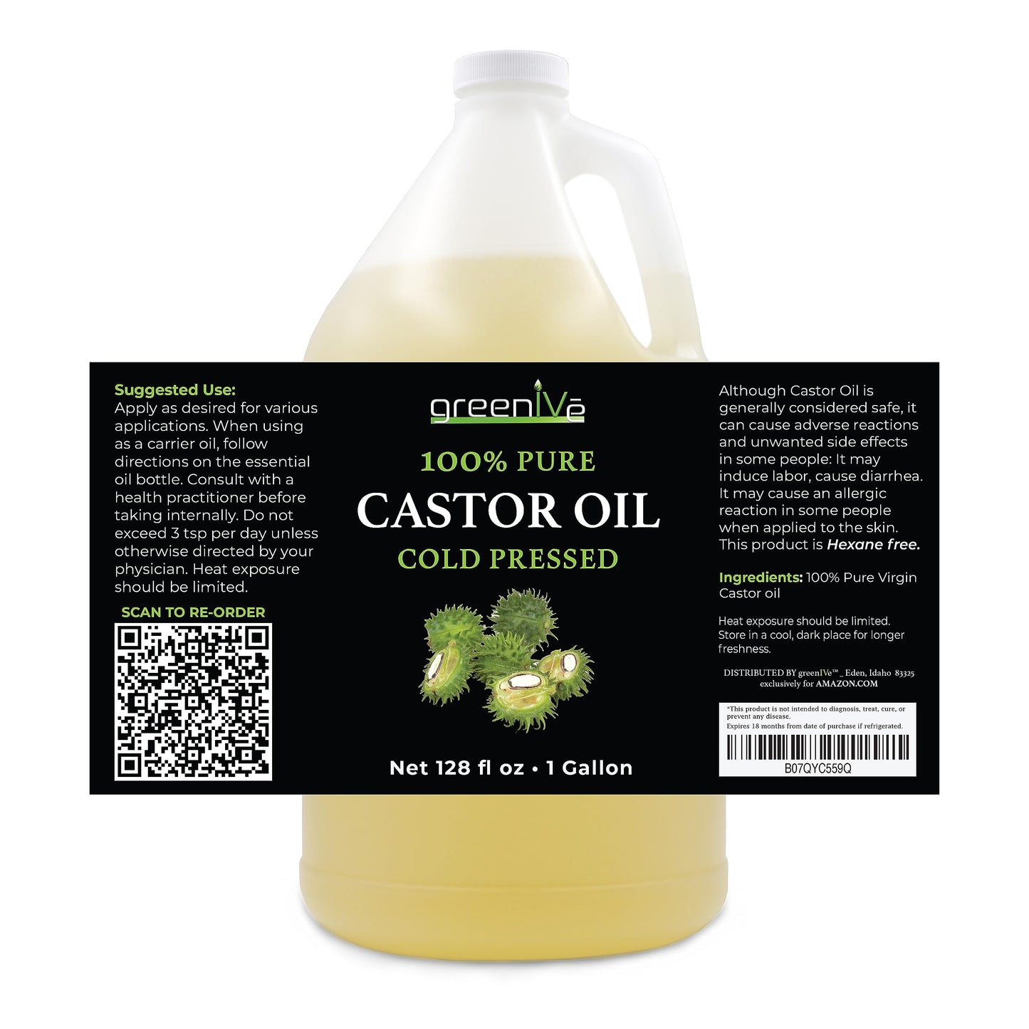 GreenIVe - 100% Pure Castor Oil - Cold Pressed - Hexane Free - Exclusively on Amazon (3790ml ( 3.8l))