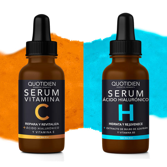 Kit Facial Quotidien: 1 Serum Vitamina C 30ml + 1 Serum Ácido Hialurónico 30ml - Ingredientes Naturales - Hidratación Profunda + Vitalidad en tu Rostro - Mejora la Textura- Firmeza y Tonificación- Disminución de arrugas y lineas de expresión.