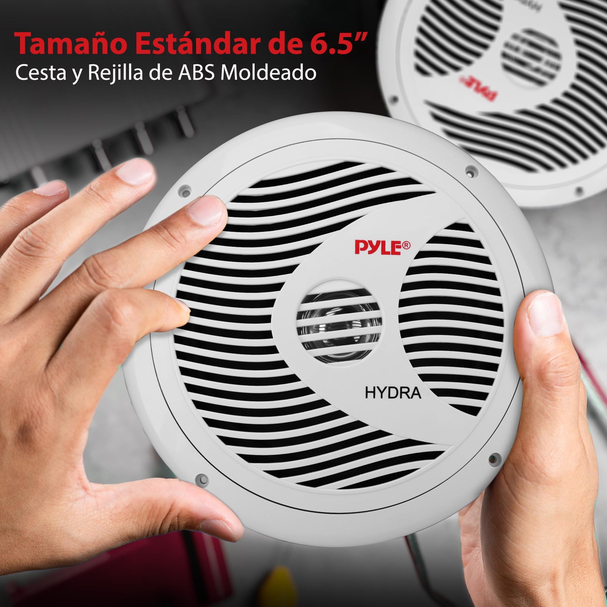 Pyle Bocinas Marinas 6.5 Pulgadas 150 Vatios, 2 Vías, Altavoces para Exteriores, Impermeables y Resistentes, Cono Policarbonato, Borde de Tela,1Par