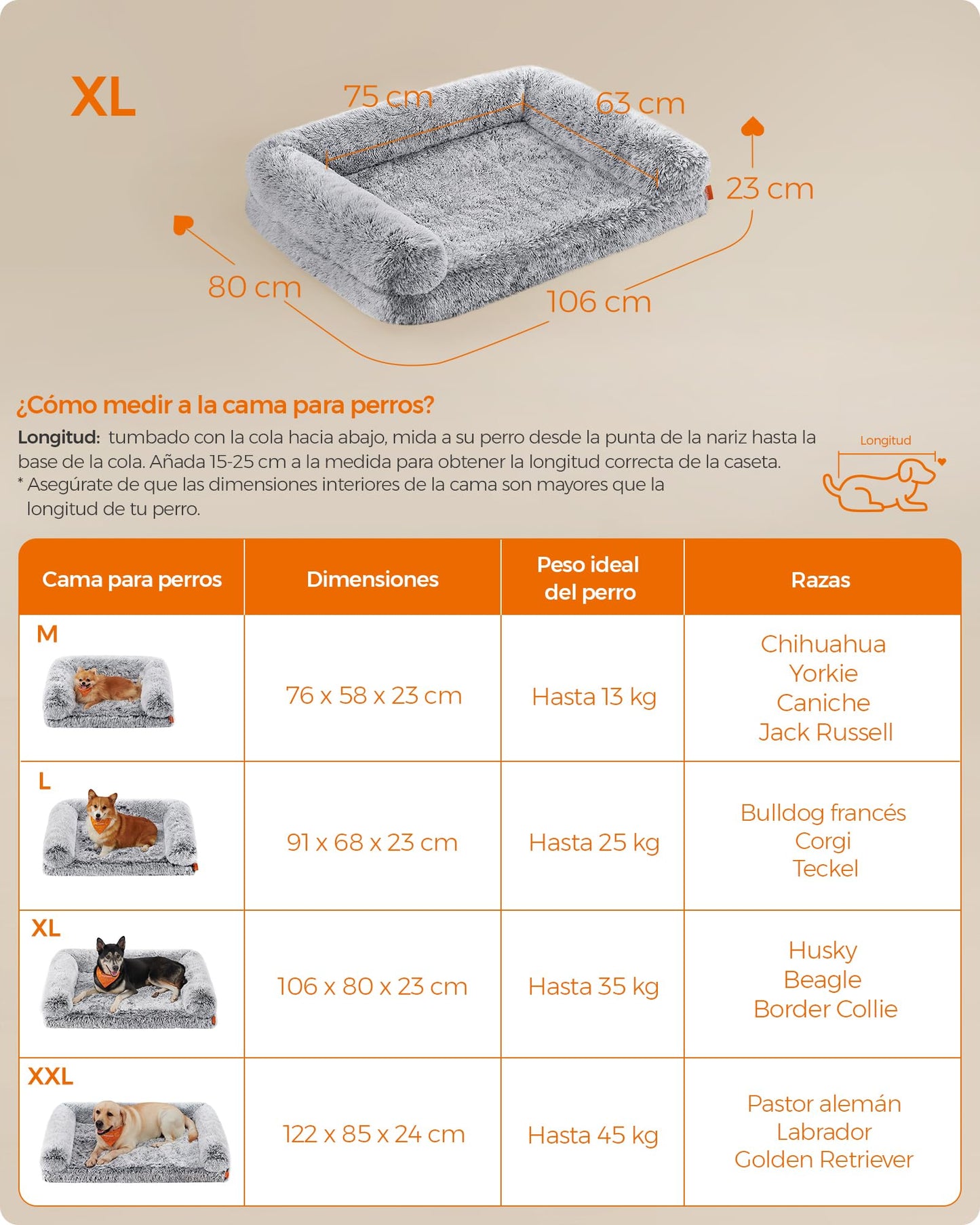 Cama para Perros Feandrea Gris Ombré con Funda Lavable y Extraíble para Mascotas Medianas y Grandes