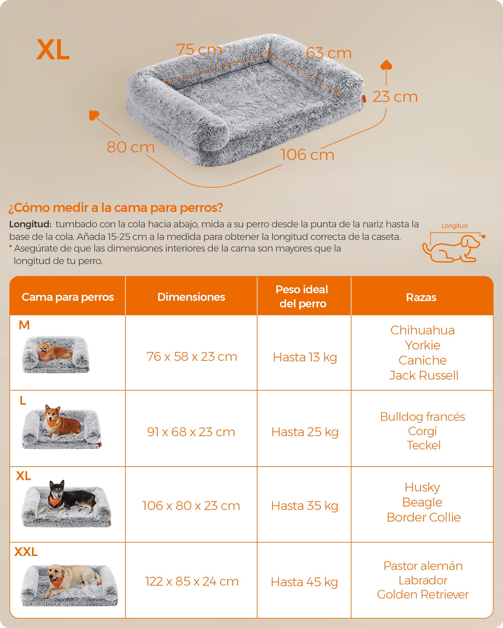 Cama para Perros Feandrea Gris Ombré con Funda Lavable y Extraíble para Mascotas Medianas y Grandes