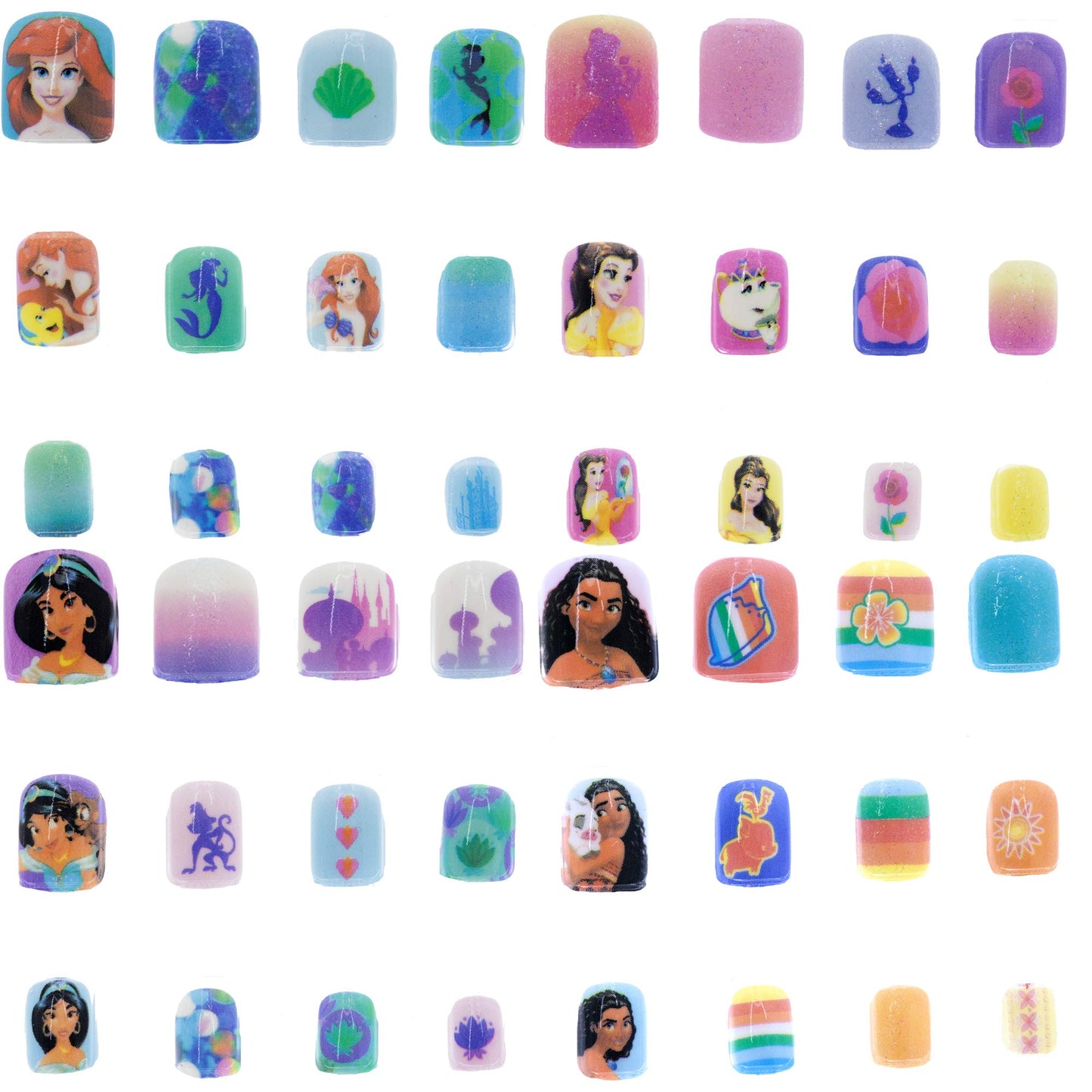 Disney Princess - Juego de 48 uñas postizas artificiales para niñas, niños con prepegamento, kit de punta acrílica de cubierta completa, a partir de 6 años, para fiestas, fiestas de pijamas y cambios